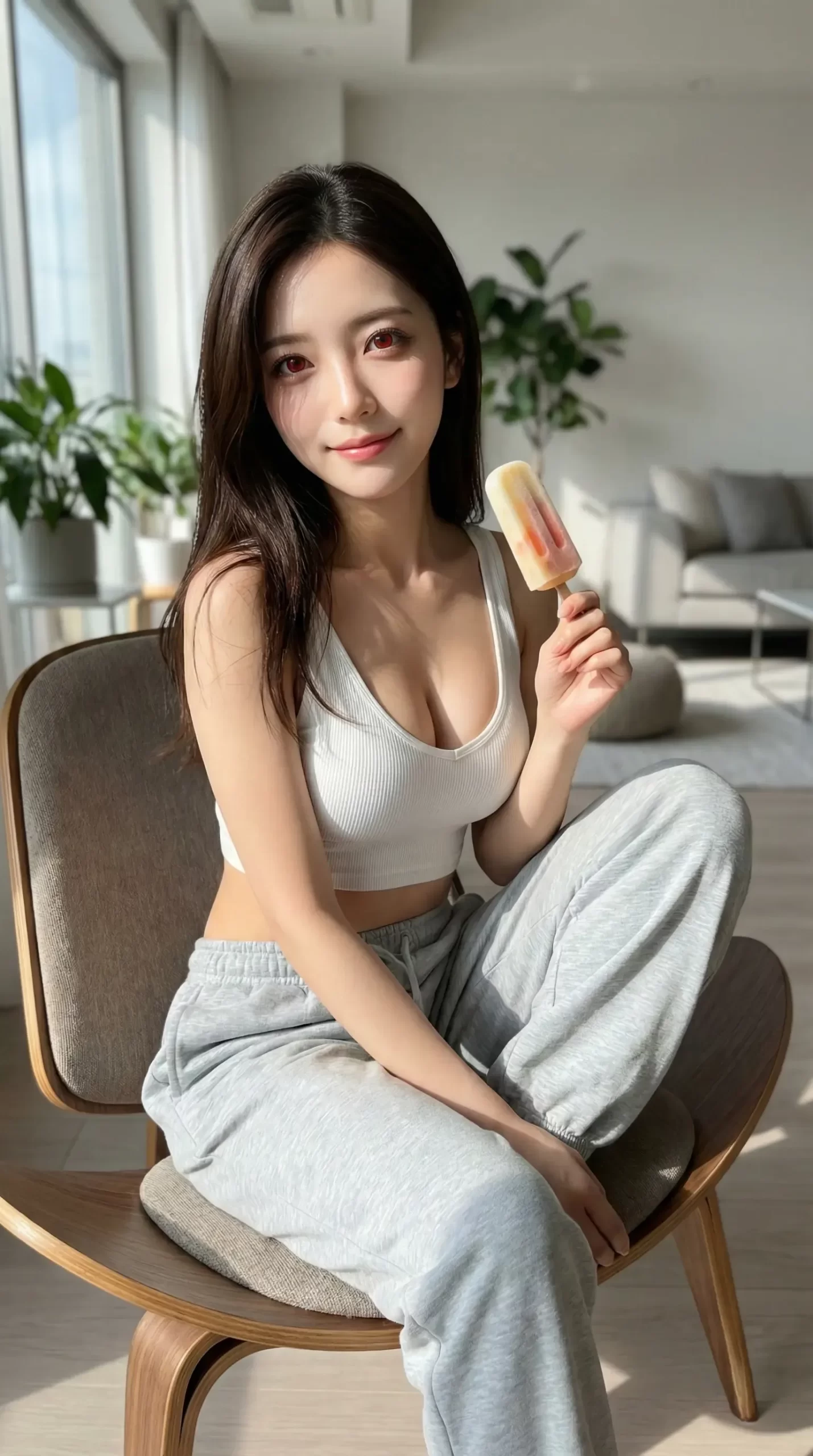 明るい室内で椅子に座り、アイスキャンディーを手にする白いタンクトップ姿の女性