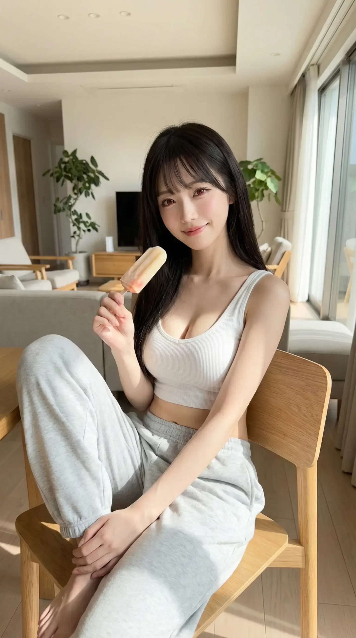 白いタンクトップ姿でアイスを持ち、椅子に座って微笑む黒髪の女性