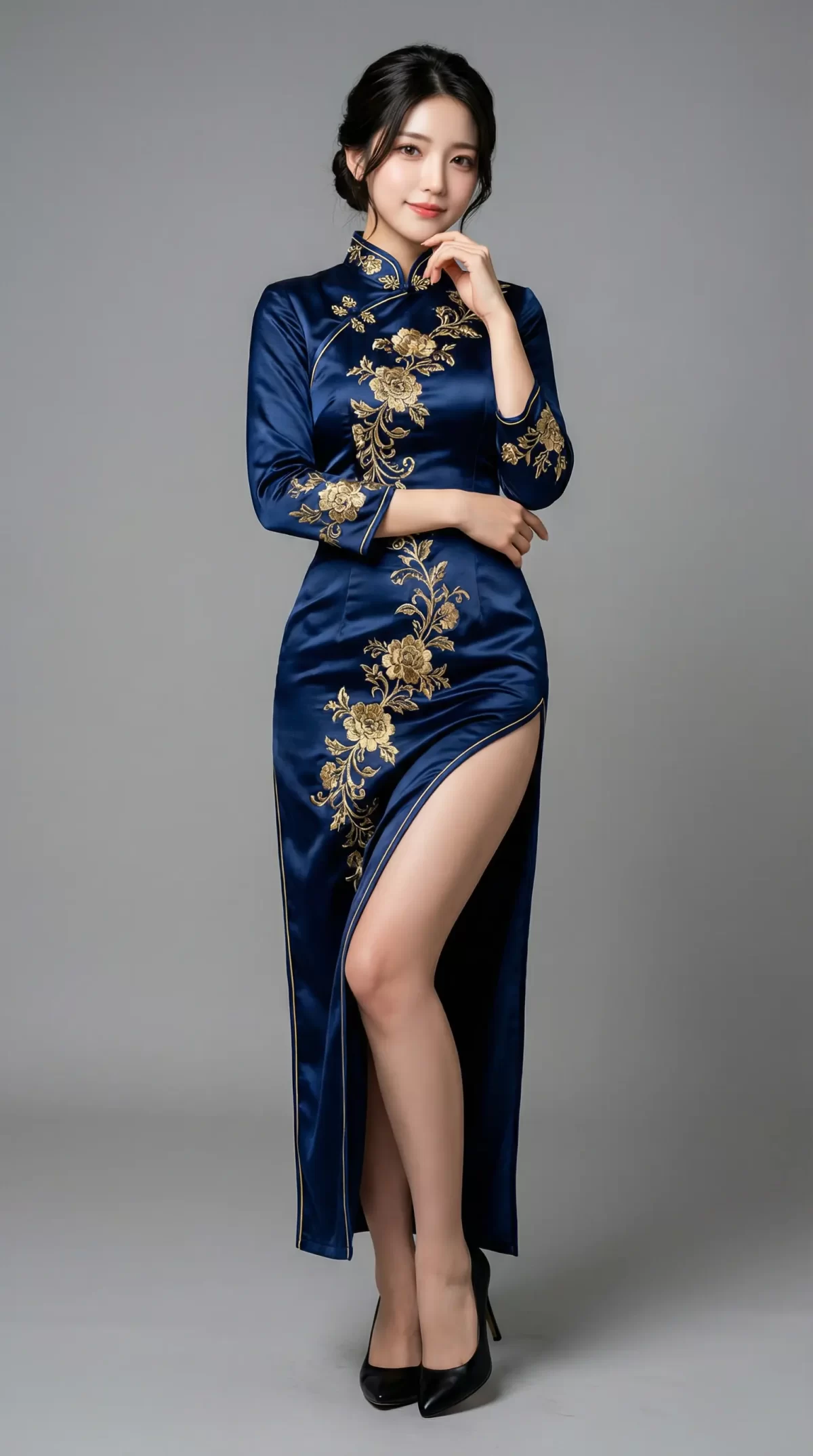 金色の刺繍が施された紺色のチャイナドレスを纏い、スリットから脚を見せて立つ女性