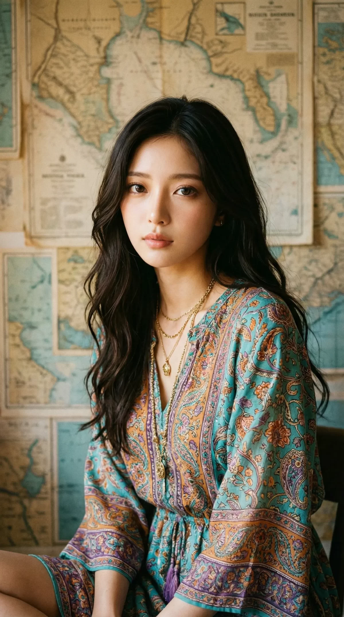 古い地図を背景に、ボヘミアン柄のドレスを着てこちらを見つめる黒髪の女性。