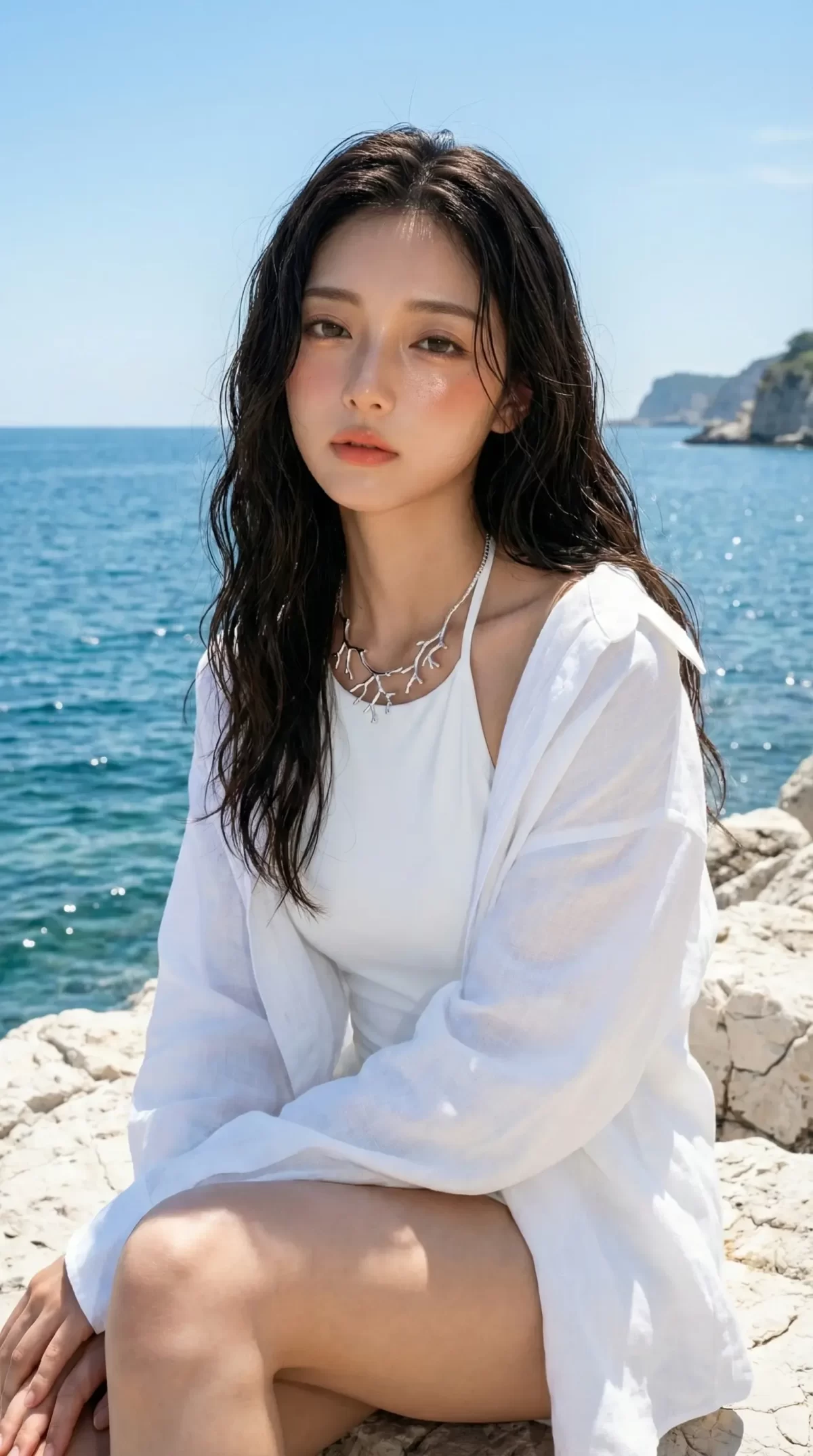 晴れた海辺の岩場に座り、白い服を身にまとった長い黒髪の女性