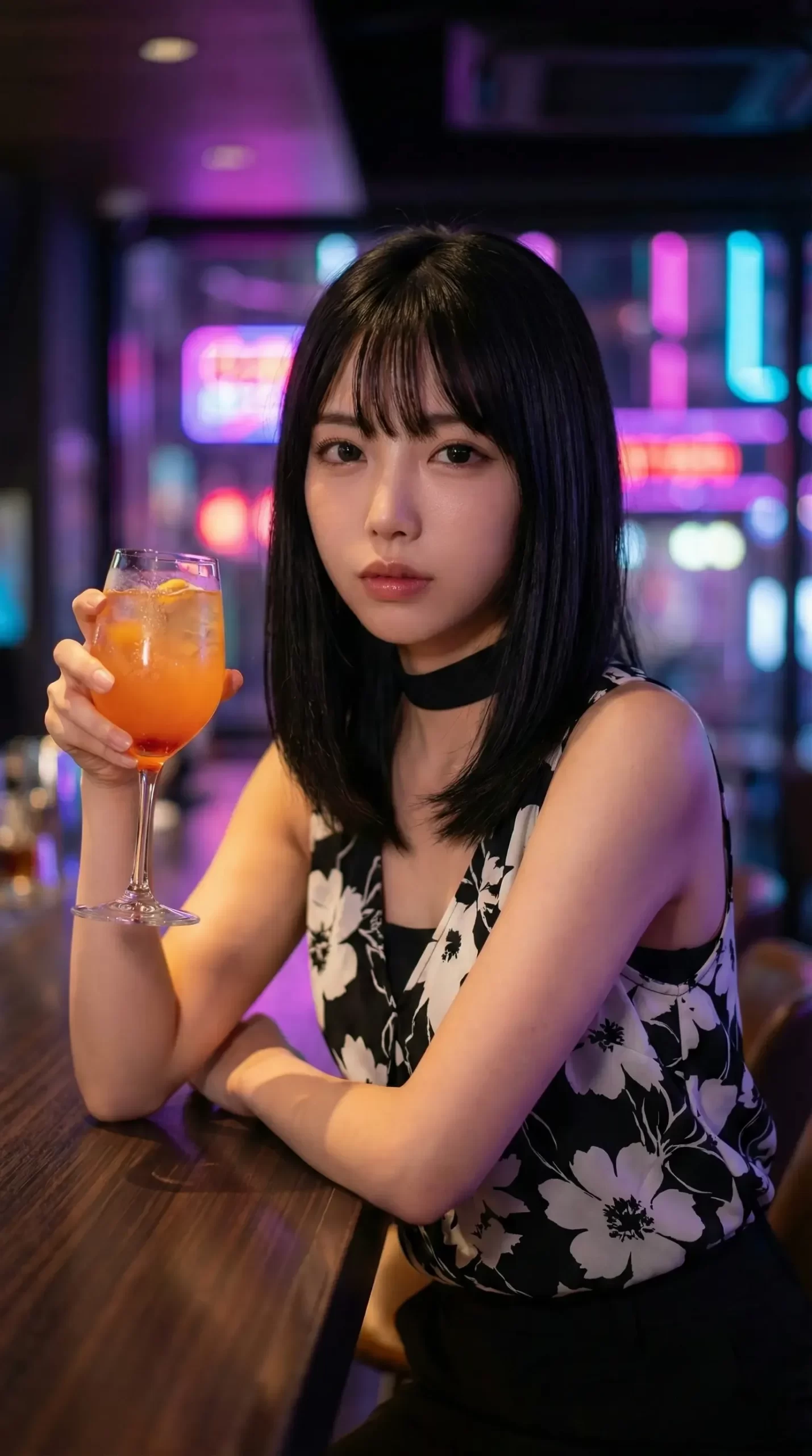 ネオン輝くバーのカウンターで、オレンジのカクテルを手に持つ黒髪の女性