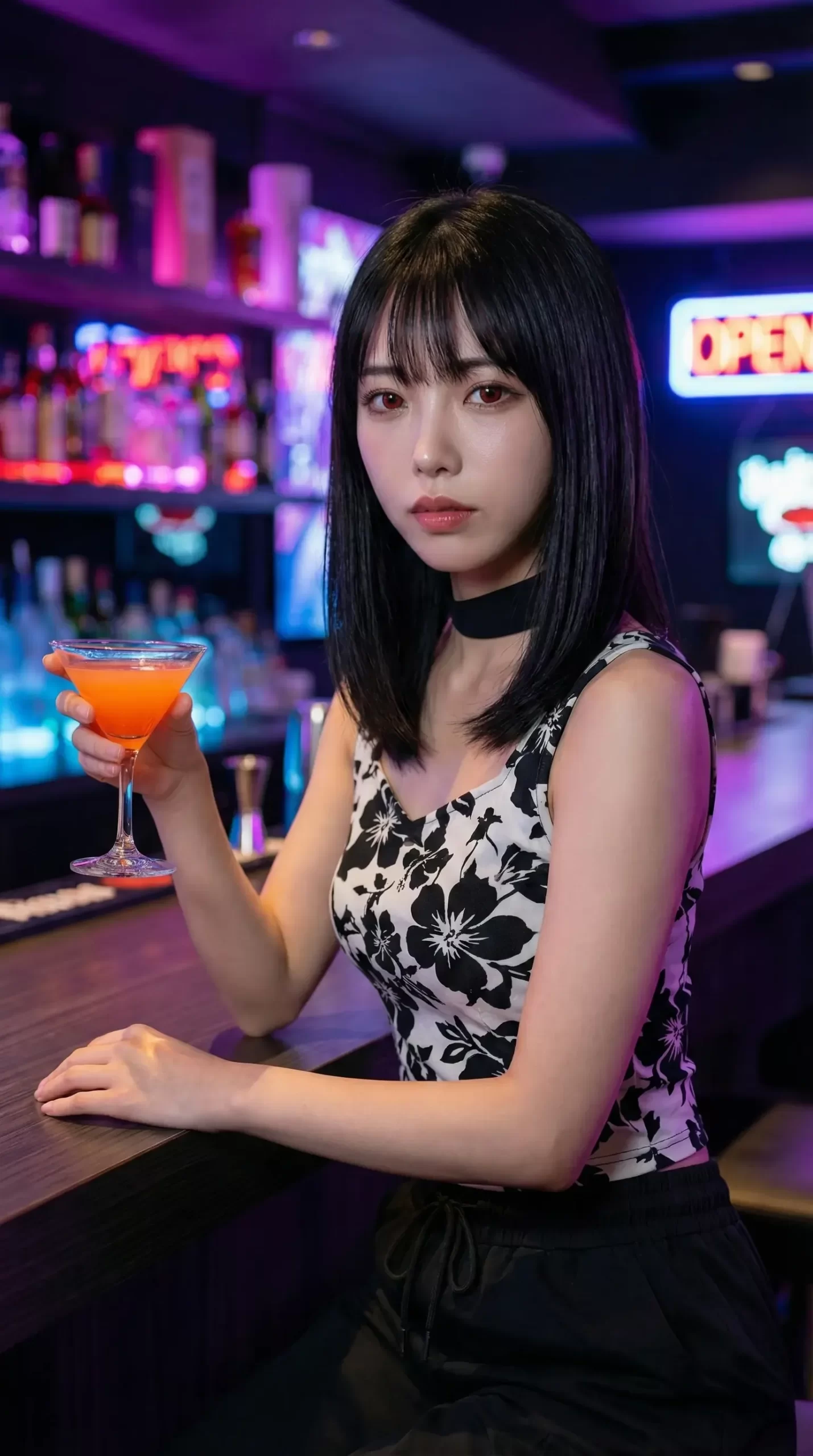ネオンが輝くバーのカウンターで、カクテルを手にこちらを見つめる黒髪の女性