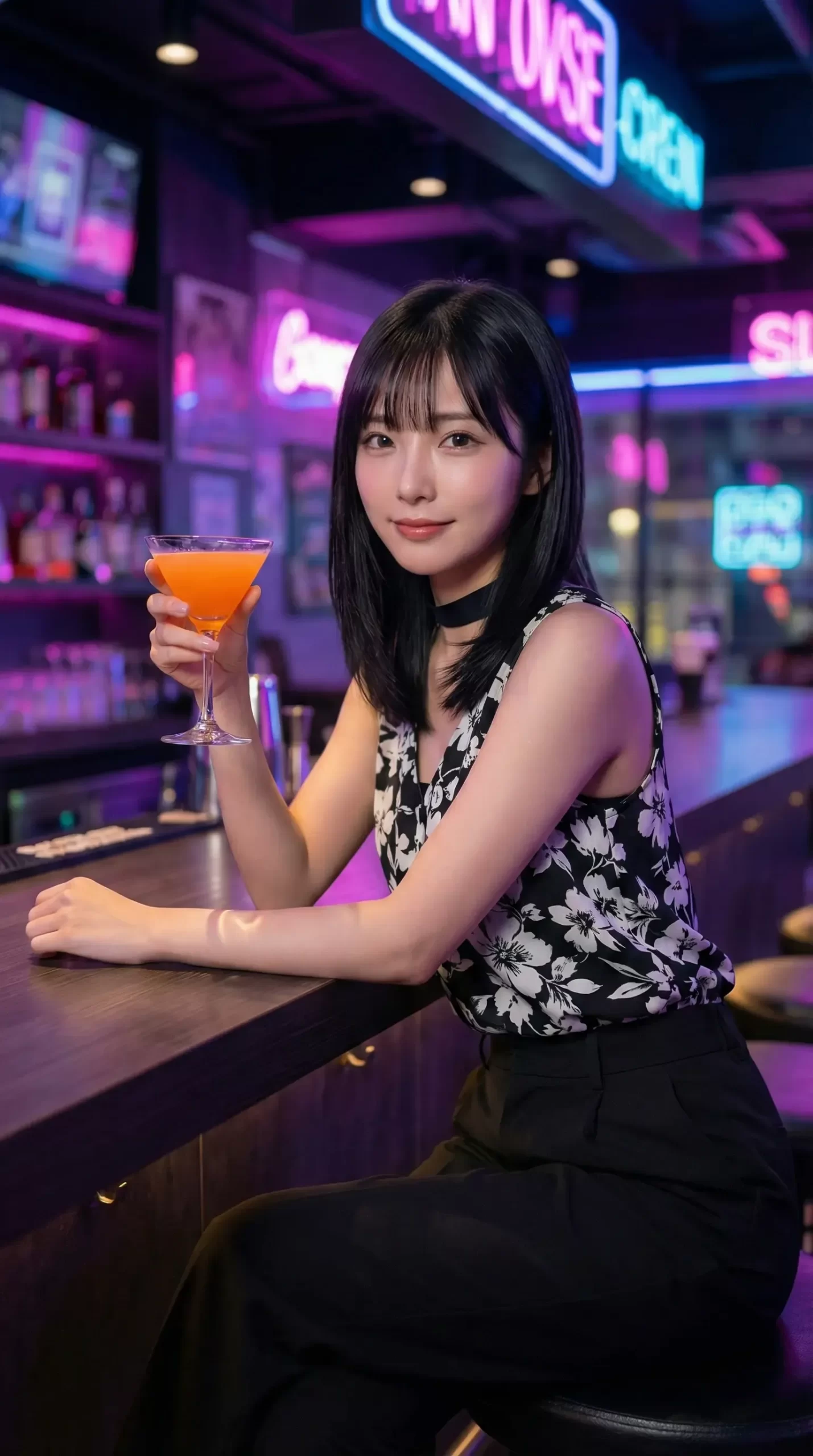 ネオンが輝くバーのカウンターで、カクテルを手に微笑む花柄トップスの黒髪女性