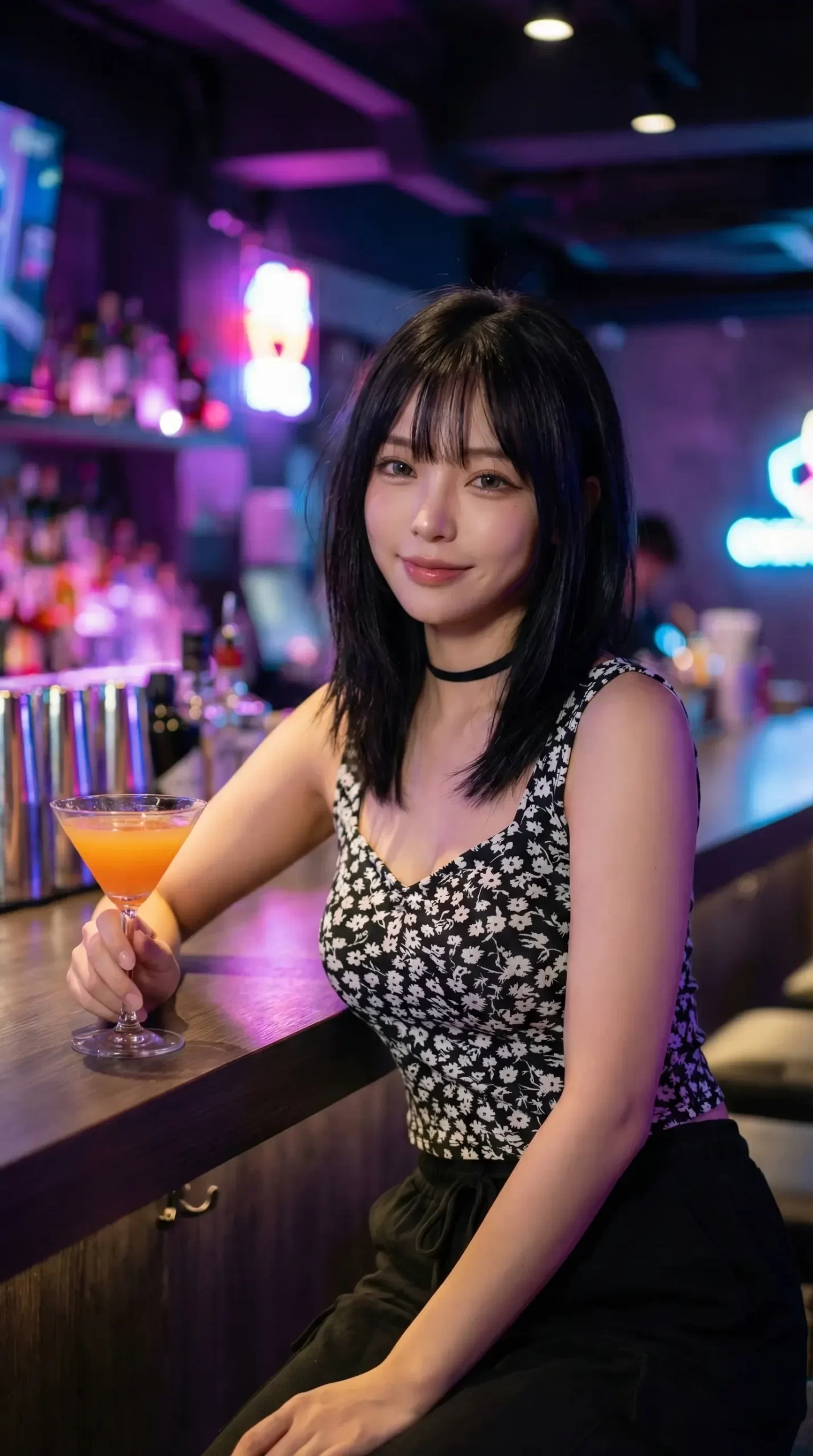 ネオンが輝くバーのカウンターで、カクテルを手に微笑む黒髪の女性。