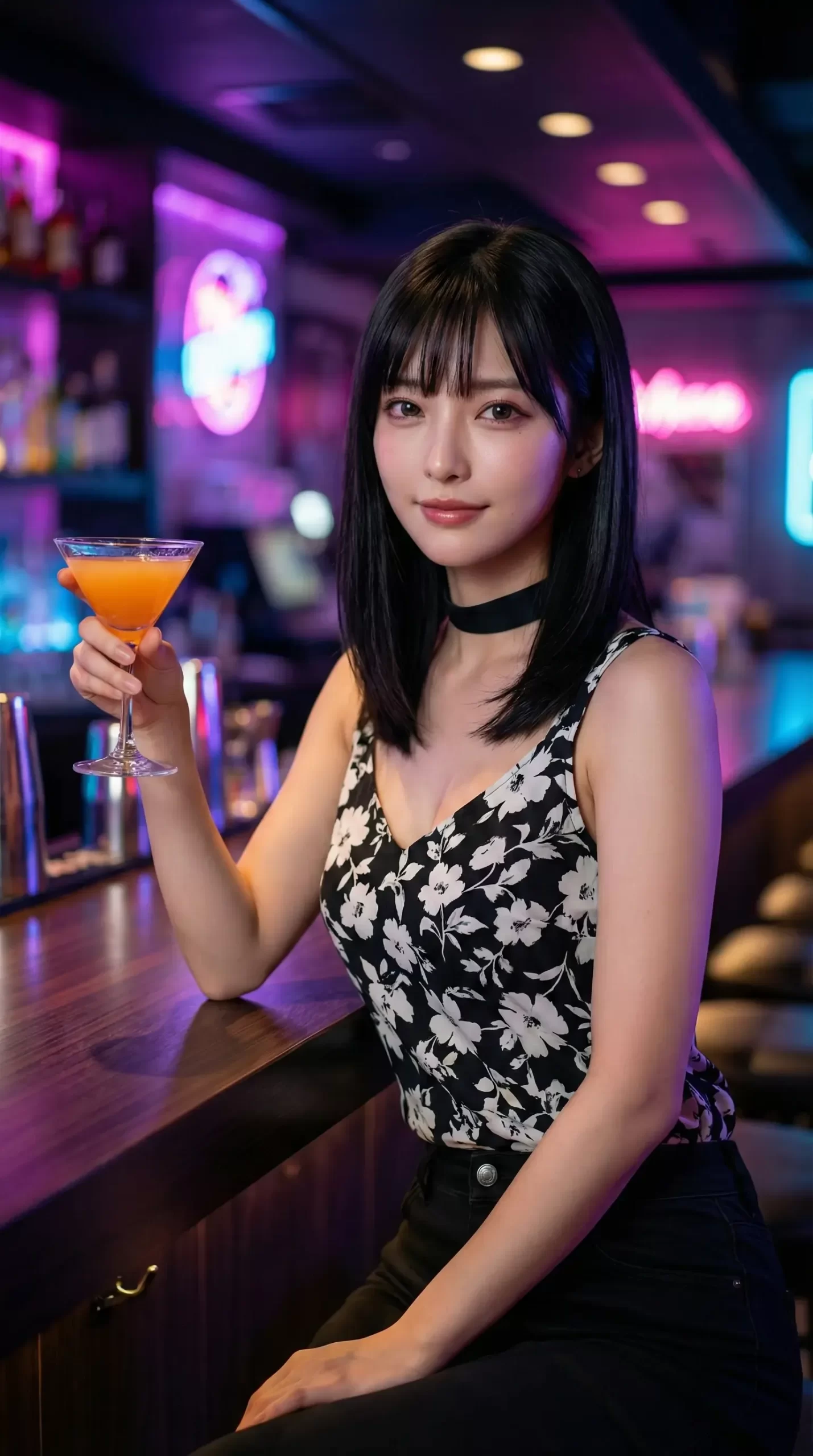 ネオン輝くバーのカウンターで、カクテルを手に微笑む花柄トップスの黒髪女性