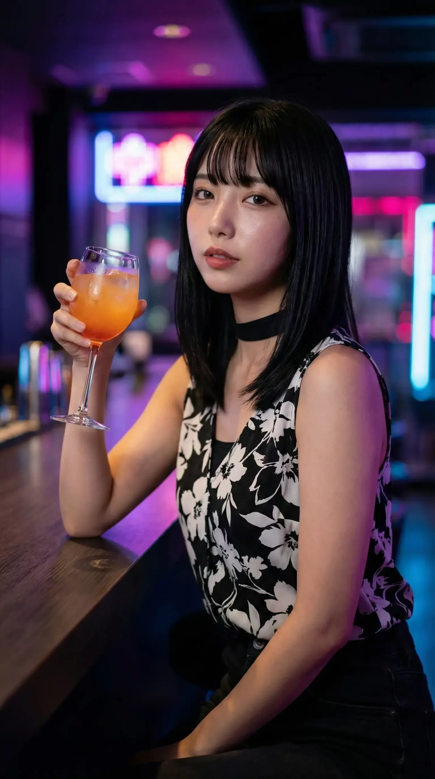ネオンが灯るバーのカウンターで、オレンジ色のカクテルを手にする黒髪の女性。