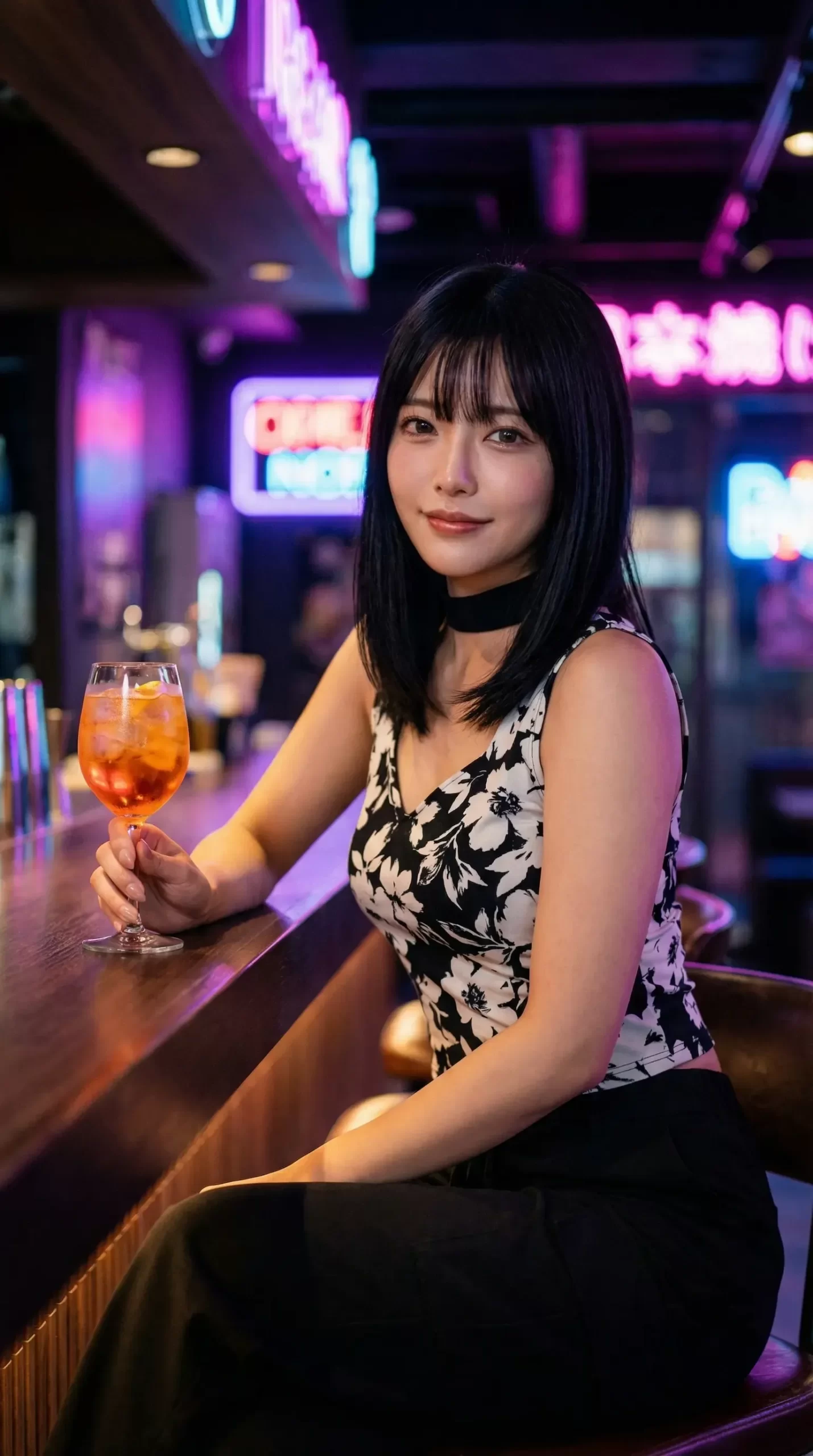ネオン輝くバーのカウンターで、カクテルを手に微笑む黒髪の女性