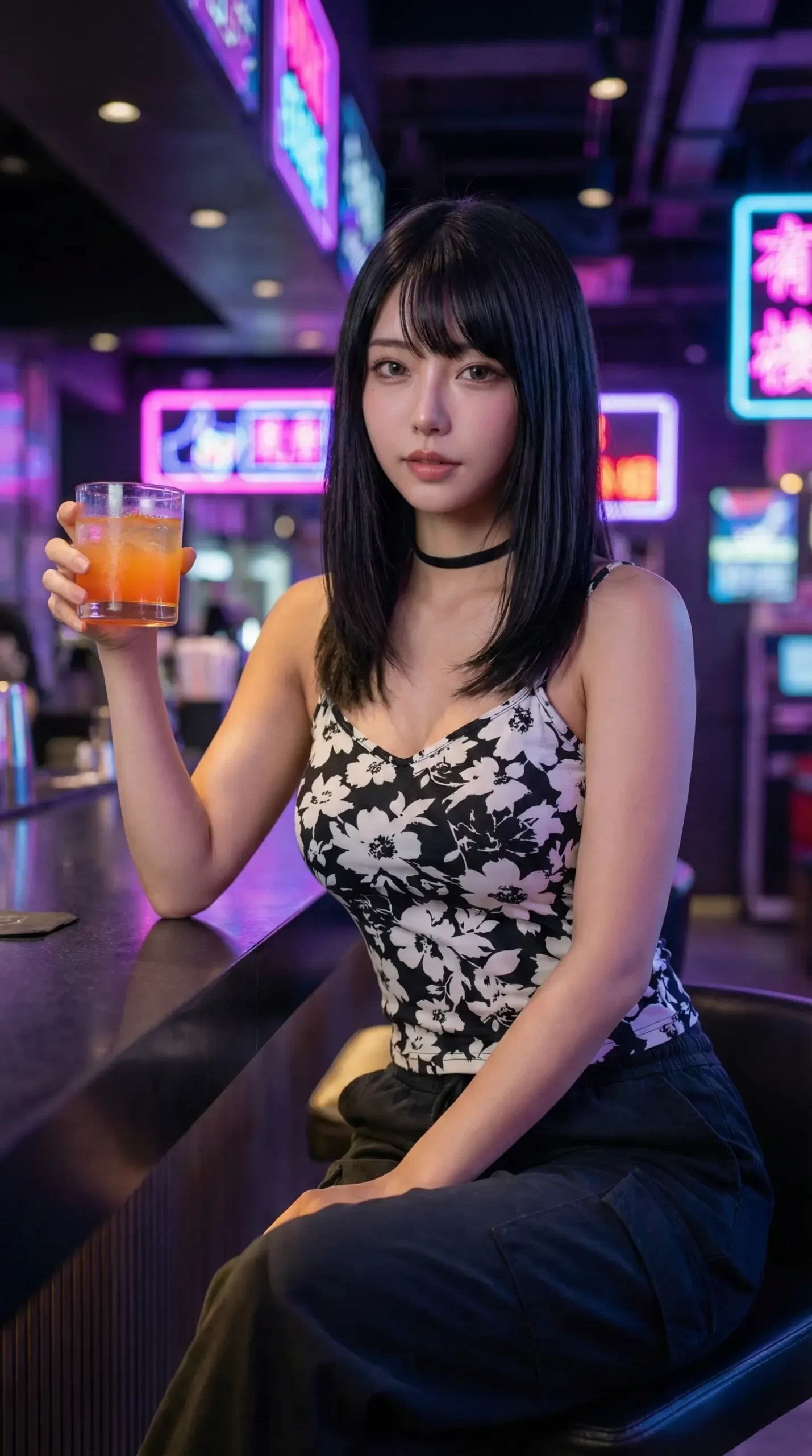 ネオン煌めくバーで、グラスを手にカウンターに座る花柄トップスの黒髪女性