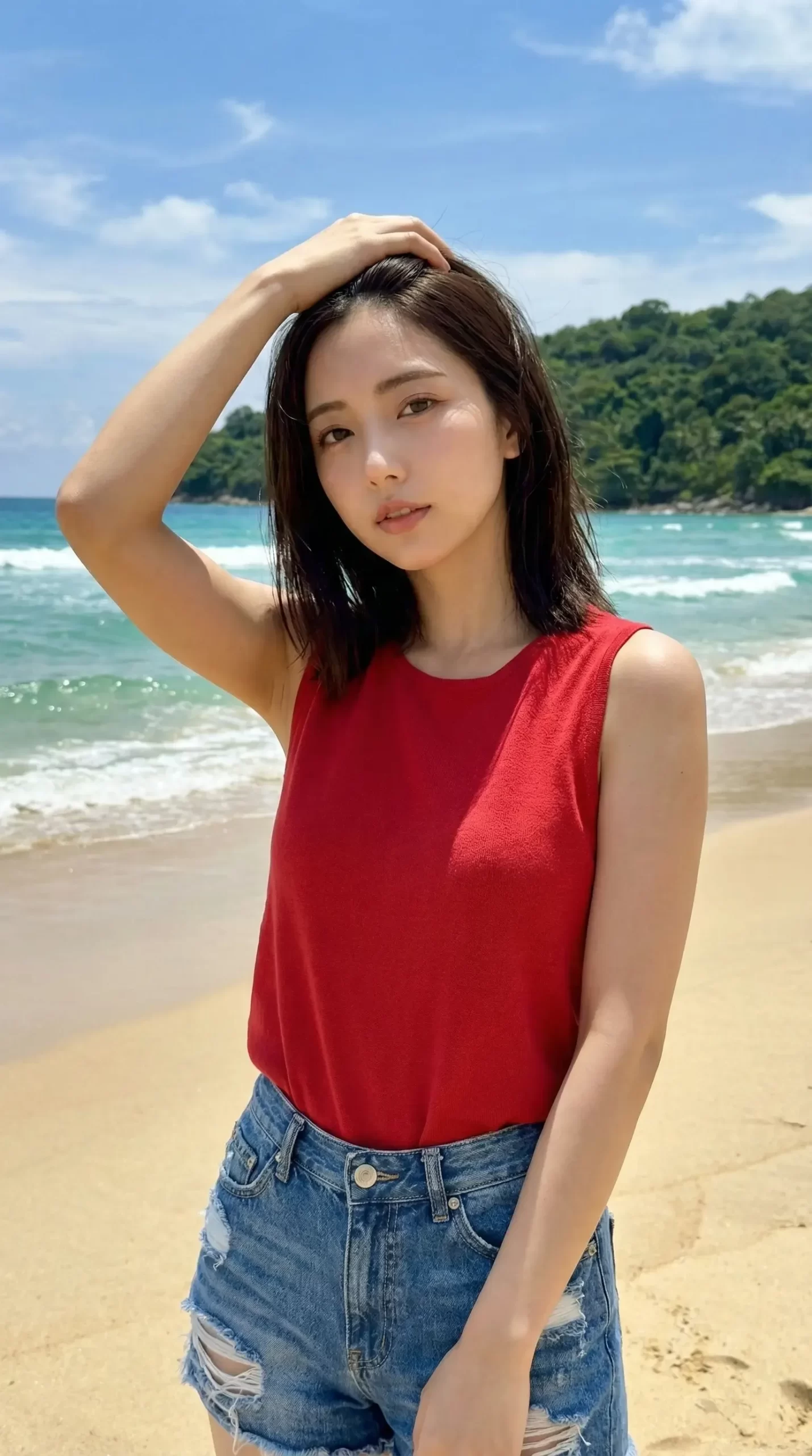 晴れた砂浜を背景に、赤いノースリーブとデニム姿で頭に手を添えて立つ女性。