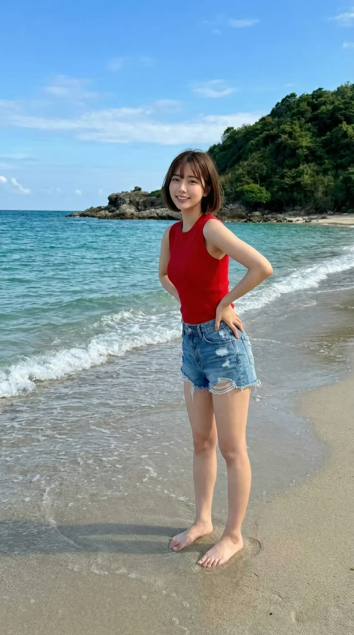青い海と砂浜を背景に、赤いトップスとデニムショーツ姿で微笑む若い女性。