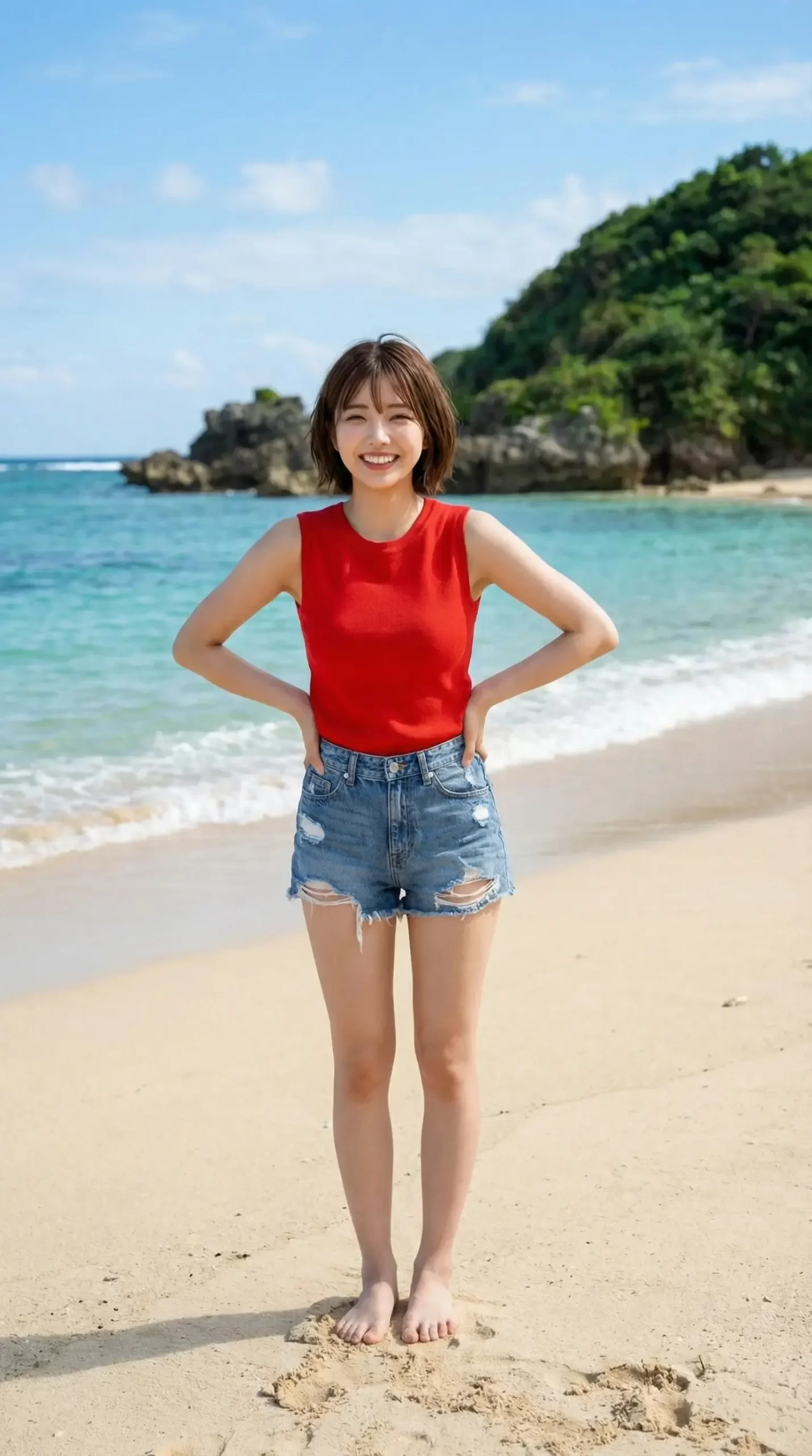 青い海と砂浜を背景に、赤いタンクトップとデニム短パン姿で笑顔を見せる女性