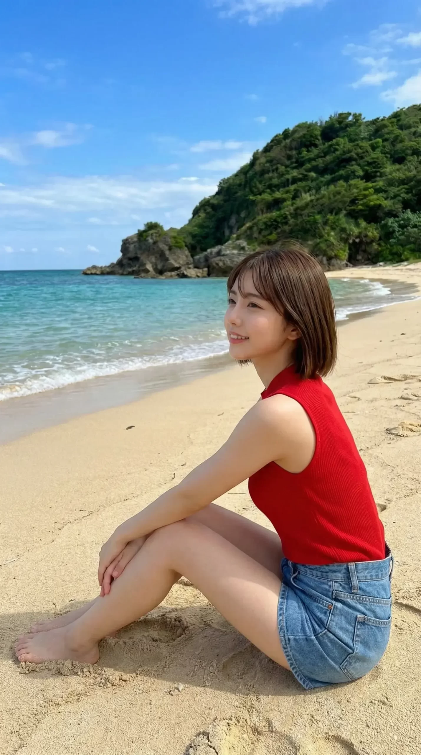 青い海と砂浜を背景に、赤いノースリーブ姿で海を眺めて座るショートヘアの女性