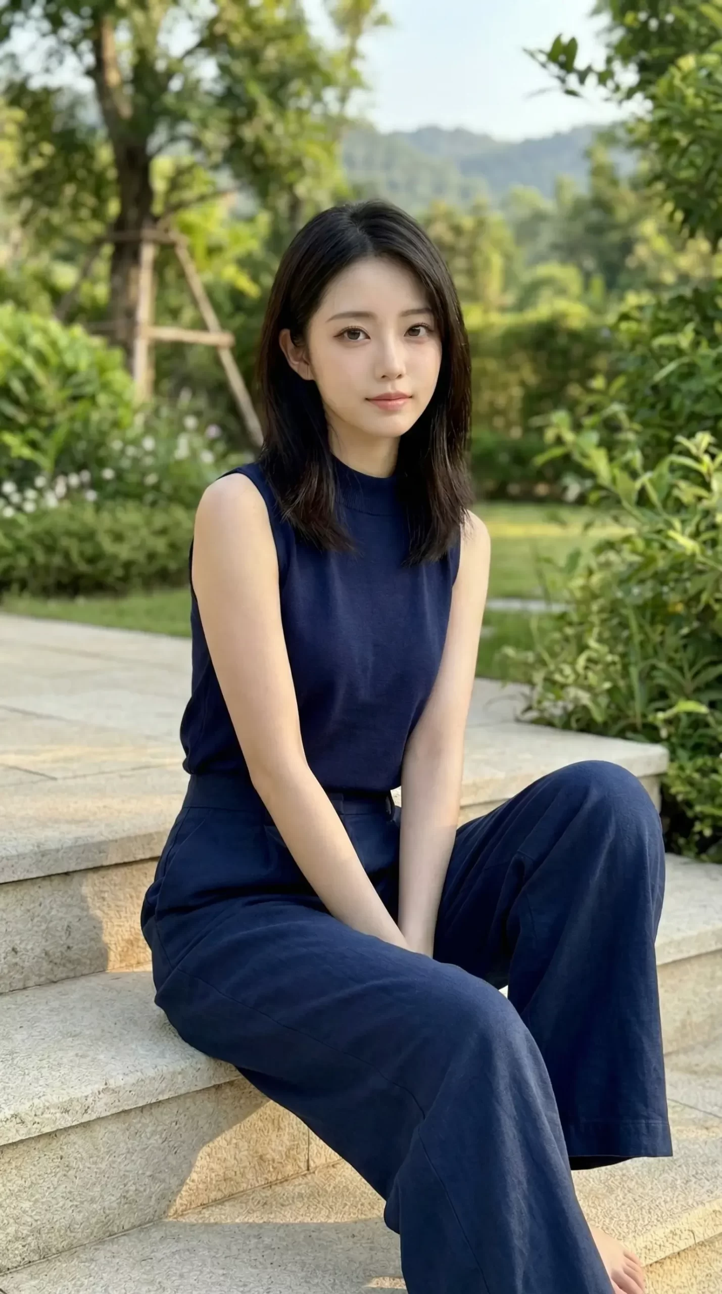 緑豊かな庭の石段に座る、紺色のノースリーブを着た黒髪の女性