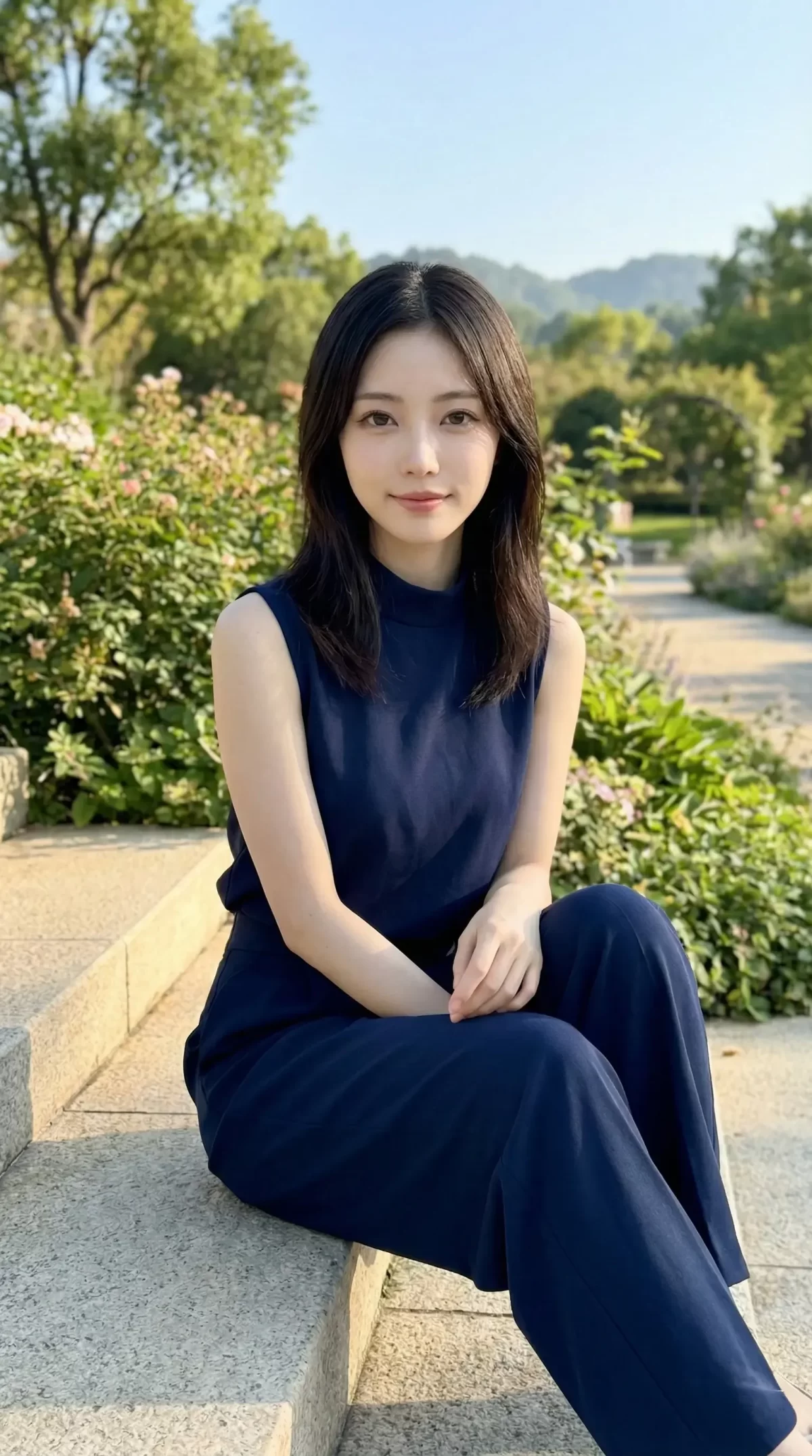 緑豊かな公園の石段に座り、穏やかに微笑むネイビーのセットアップ姿の女性。