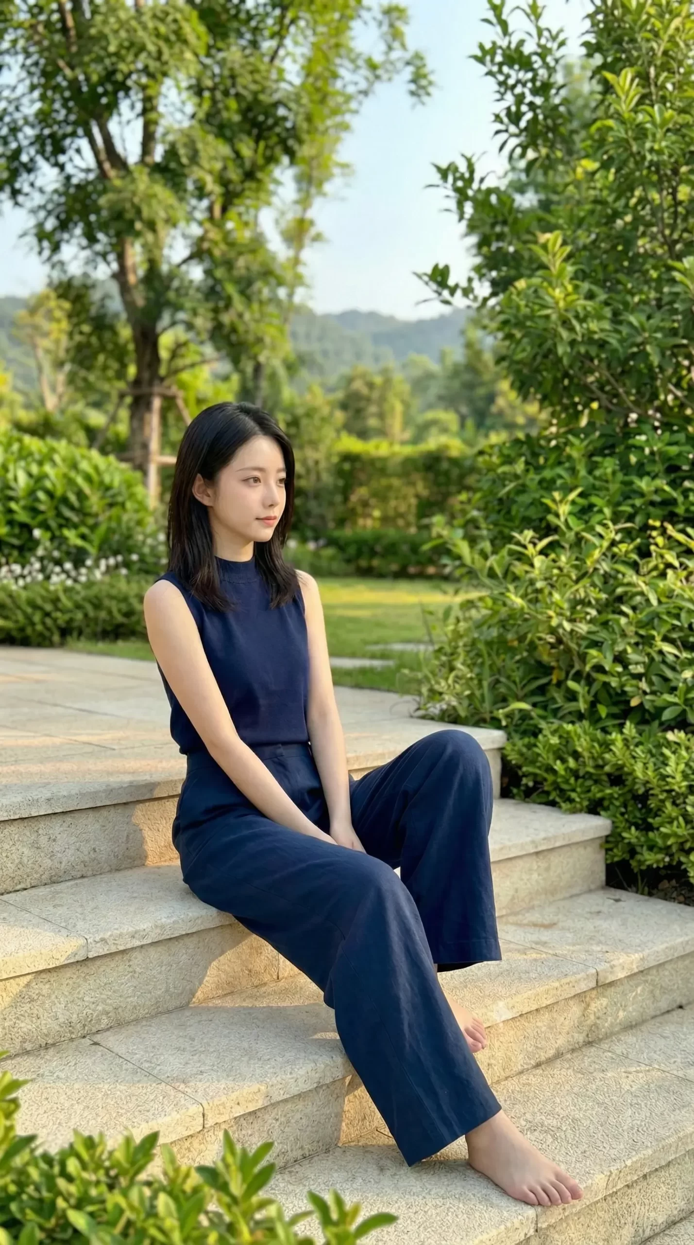緑に囲まれた屋外の石段に座り、遠くを見つめる紺色のセットアップ姿の女性。