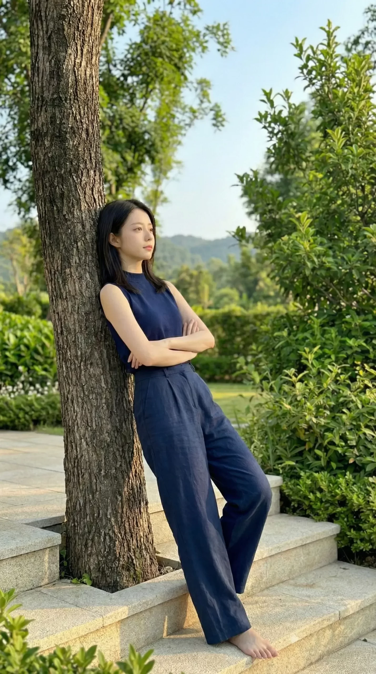 木に寄りかかり、腕を組んで遠くを見つめるネイビーのセットアップ姿の女性。