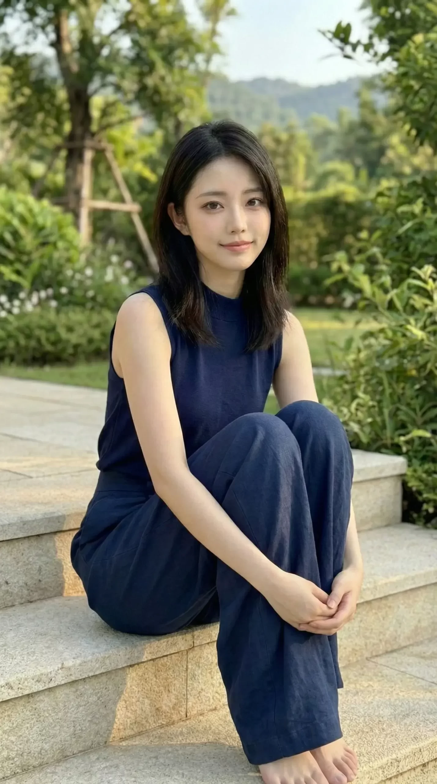 緑豊かな庭園の石段に座り、膝を抱えて微笑む紺色のノースリーブ姿の黒髪女性