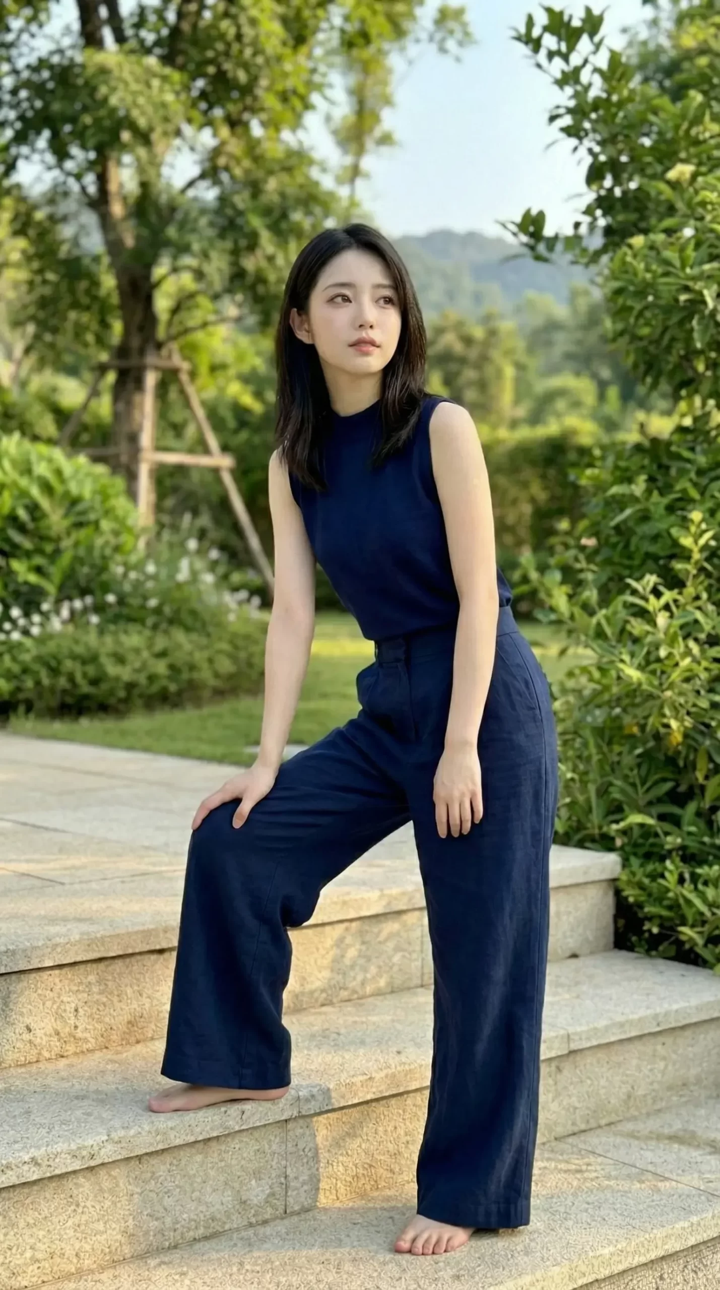 緑豊かな庭園の石段で、紺色のセットアップを着用し佇む、黒髪の若い女性。