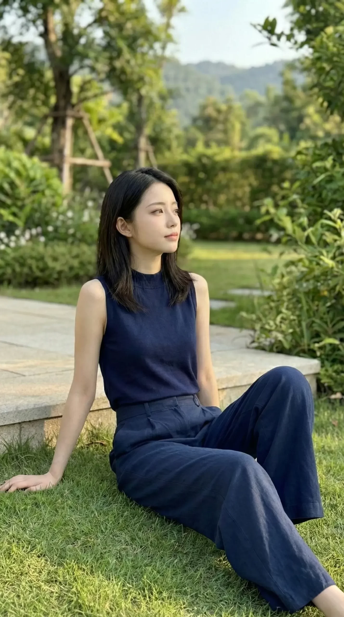 緑豊かな庭園の芝生に座り、遠くを眺めるネイビーの服を着た黒髪の女性