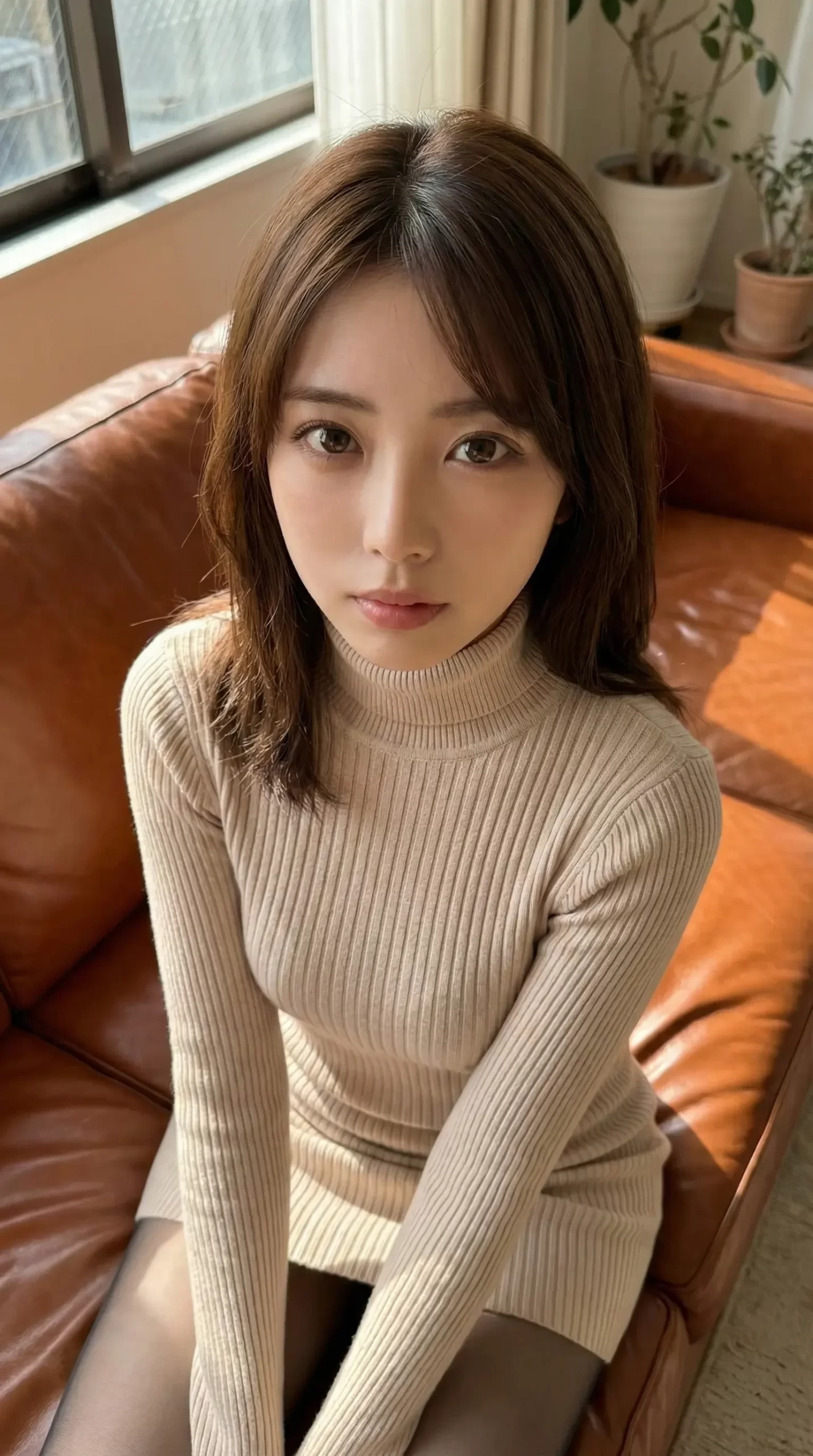 茶色の革ソファに座り、ベージュのタートルネックを着てこちらを見つめる女性。