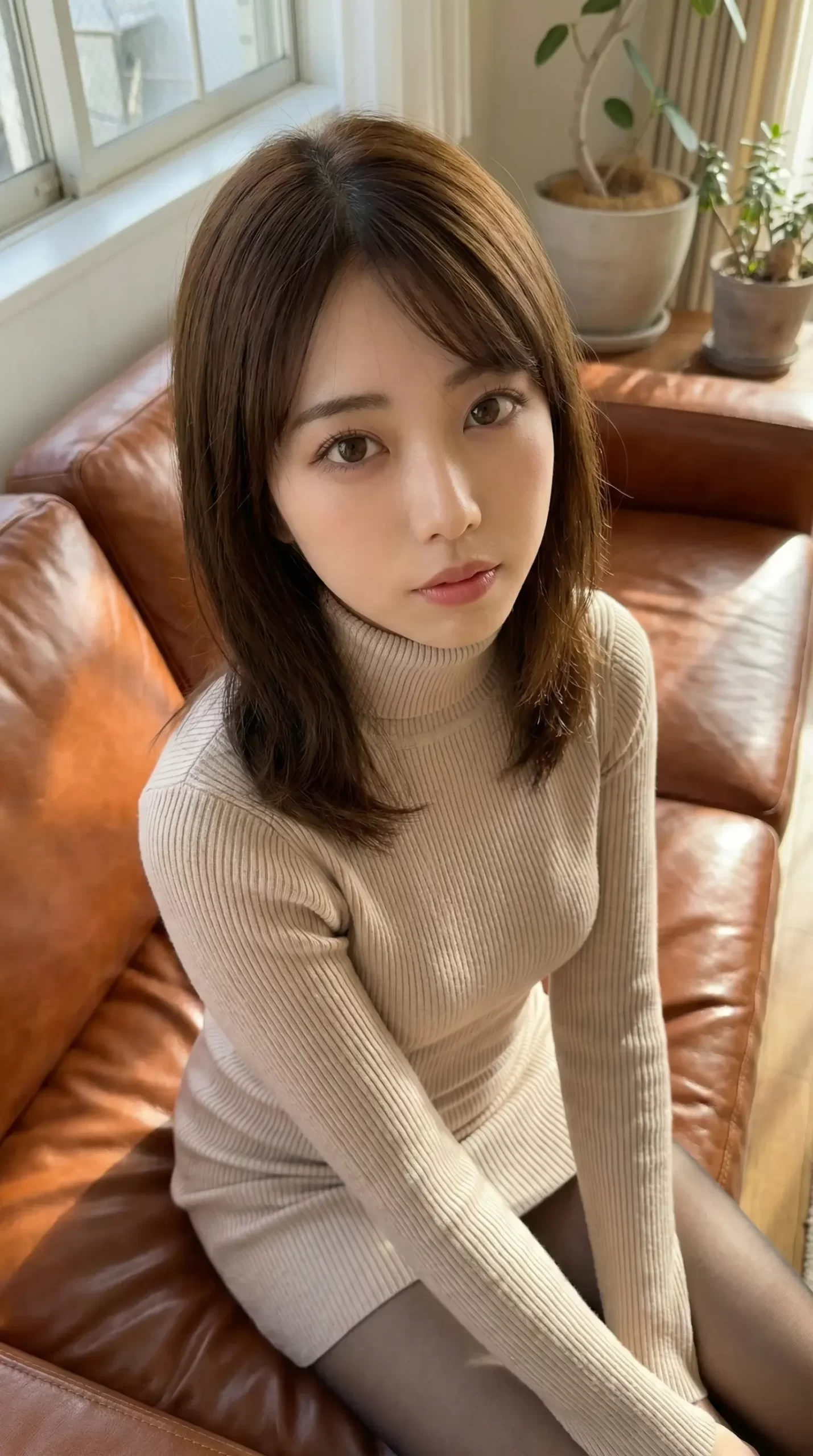 ベージュのタートルネックを着て、茶色の革ソファに座りこちらを見つめる女性。