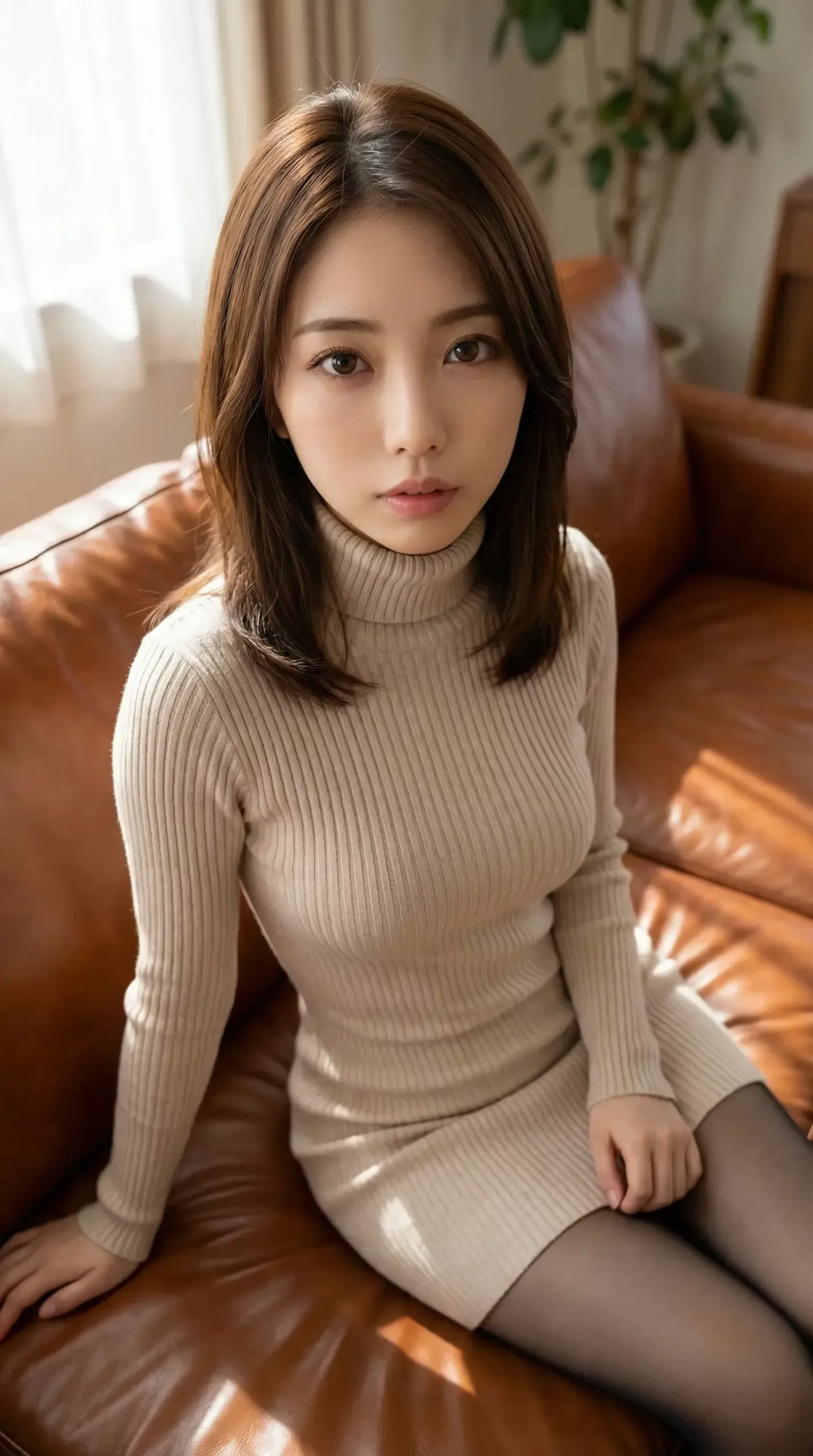 茶色の革ソファに座る、ベージュのタートルネックニットワンピを着た女性