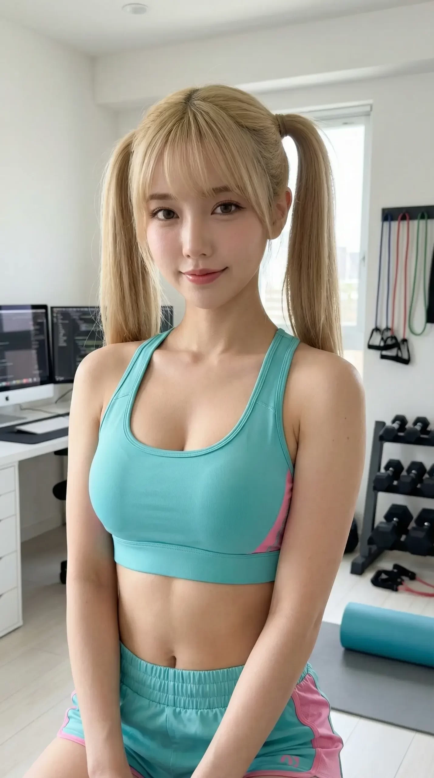 水色のスポーツウェアを着た金髪ツインテールの女性。背景にはデスクと筋トレ器具。
