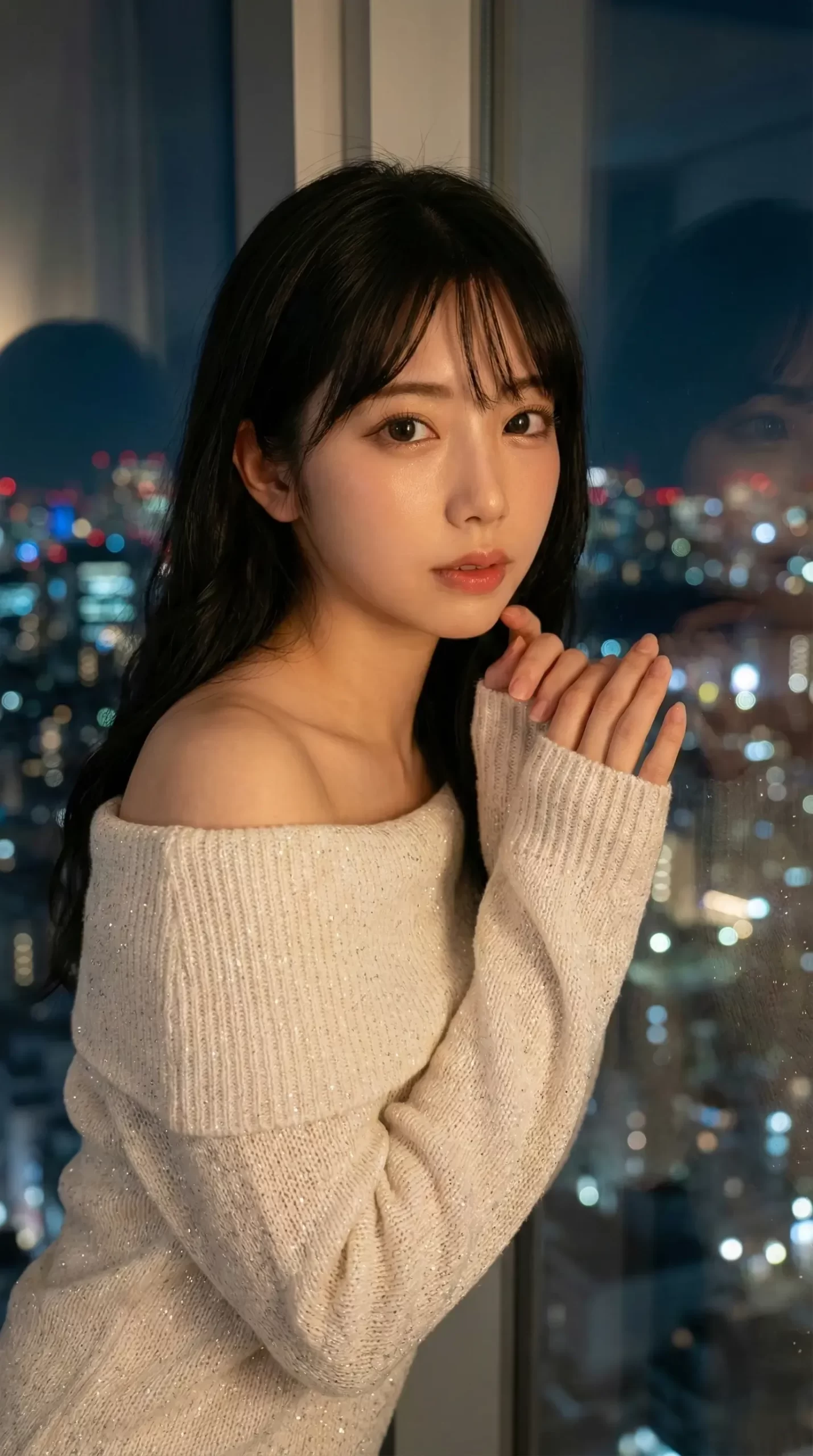 夜景の見える窓際で、白いオフショルニットを着てこちらを見つめる黒髪の女性