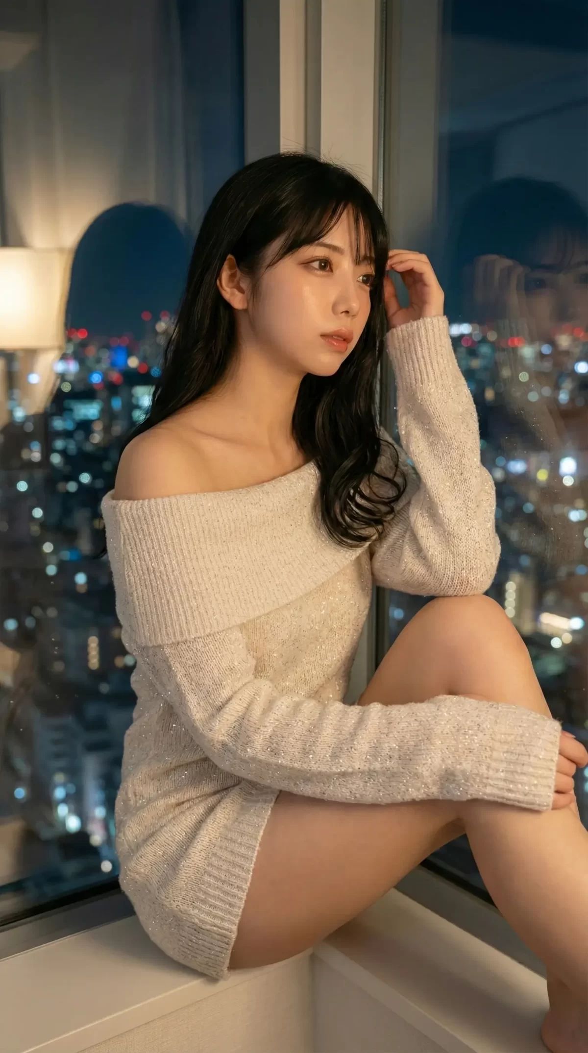 都会の夜景を背景に、窓辺で白いオフショルダーのニットを着て座る黒髪の女性