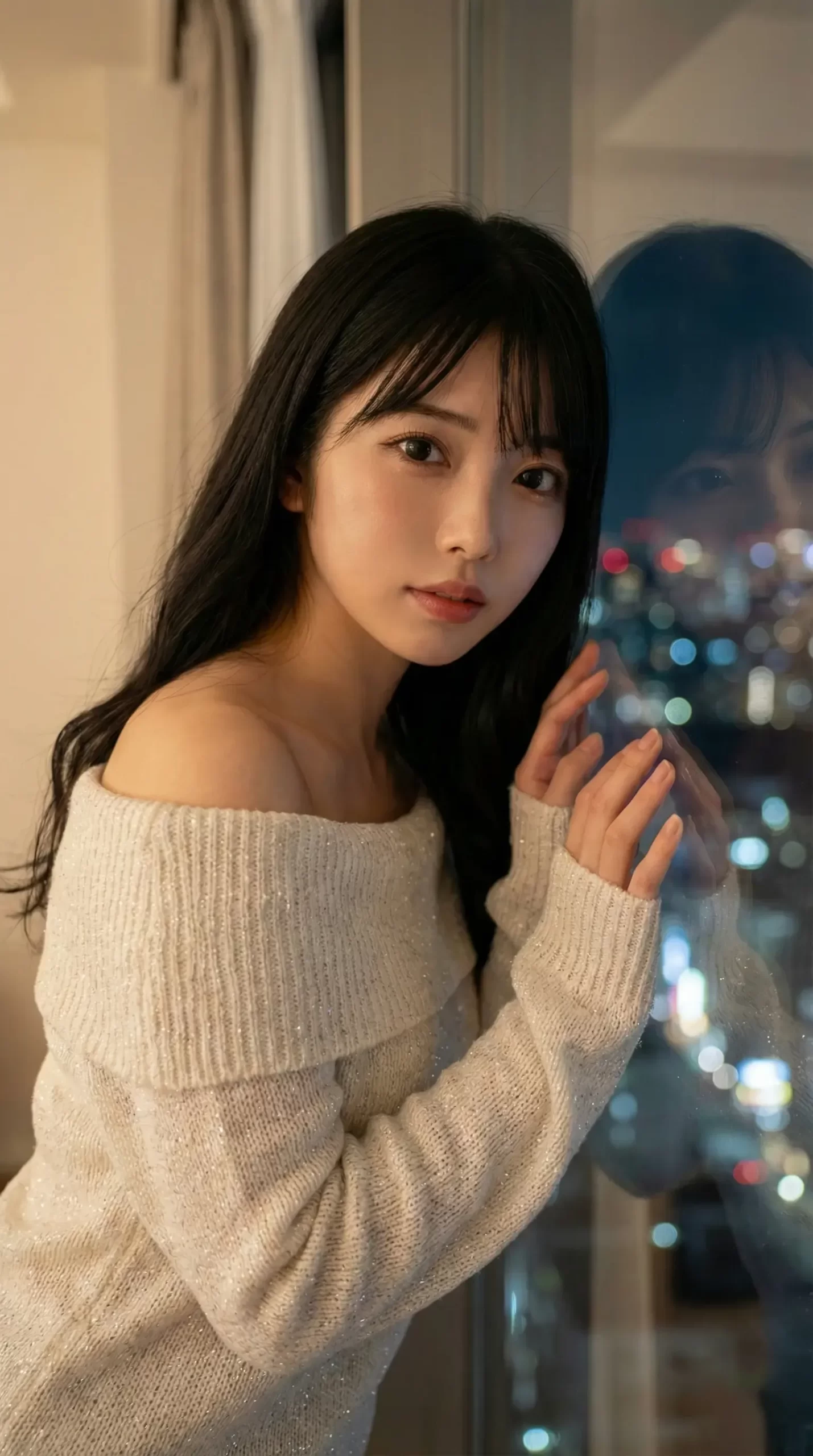 夜景を背景に、白いオフショルニットを着た黒髪の女性が窓辺でこちらを見つめる