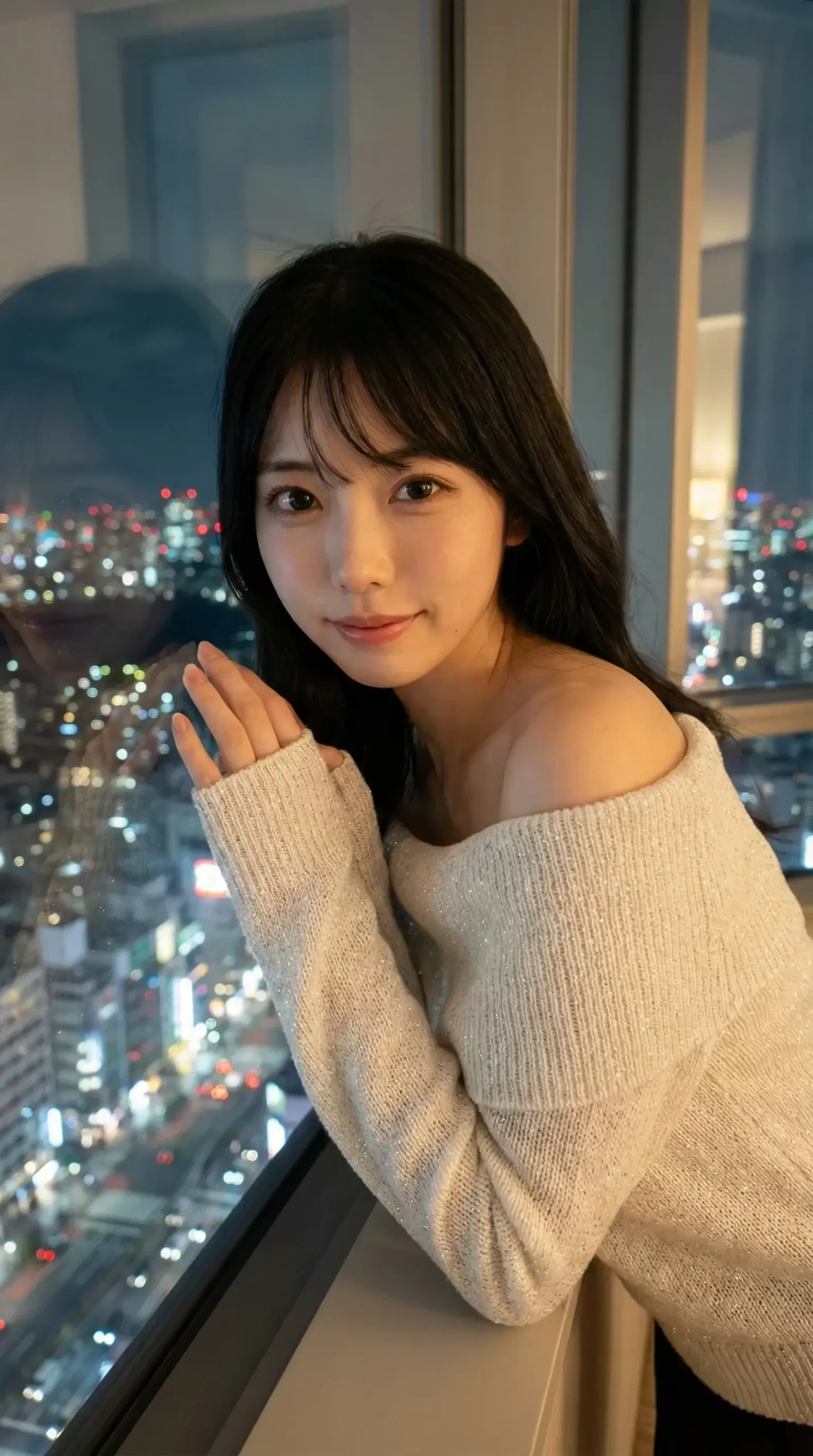 夜景を背景に、白いオフショルダーのニットを着て窓辺に佇む黒髪の女性。