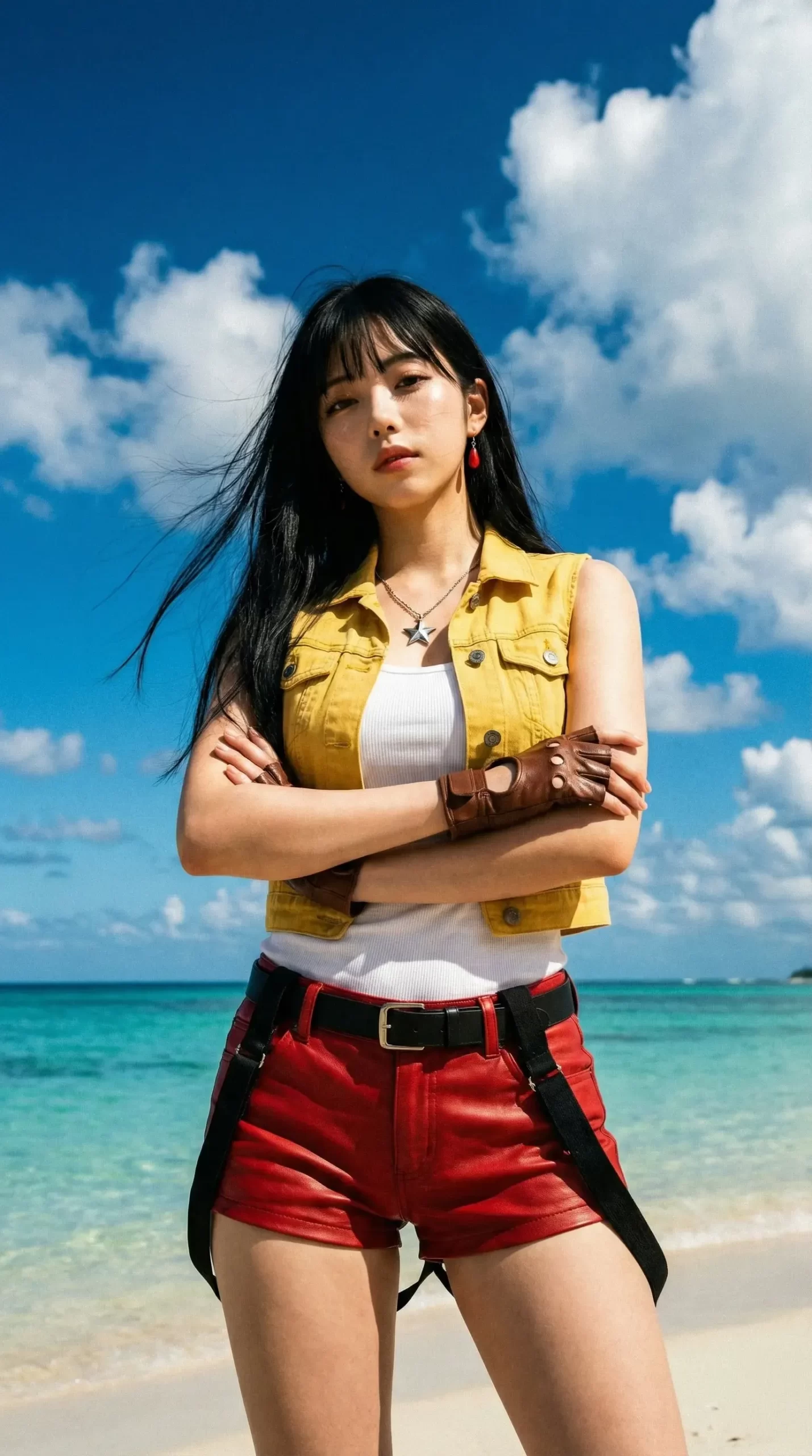 晴天の砂浜で、黄色いベストと赤い短パンを着用し腕を組んで立つ黒髪の女性