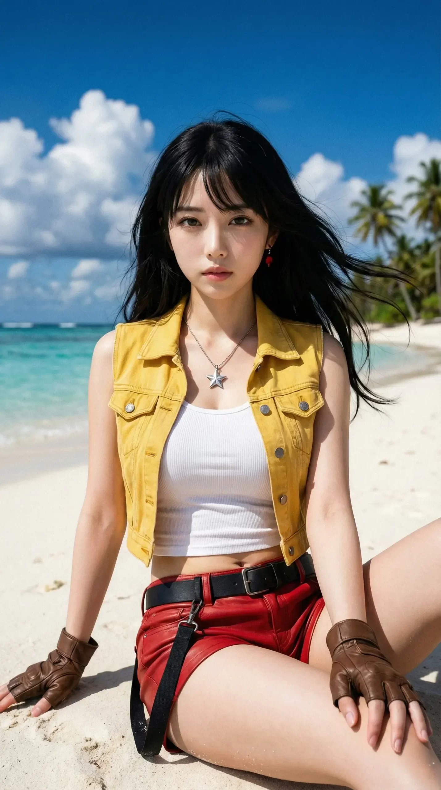 青い海と白い砂浜を背景に、黄色いベストと赤い短パン姿で座る黒髪の女性。