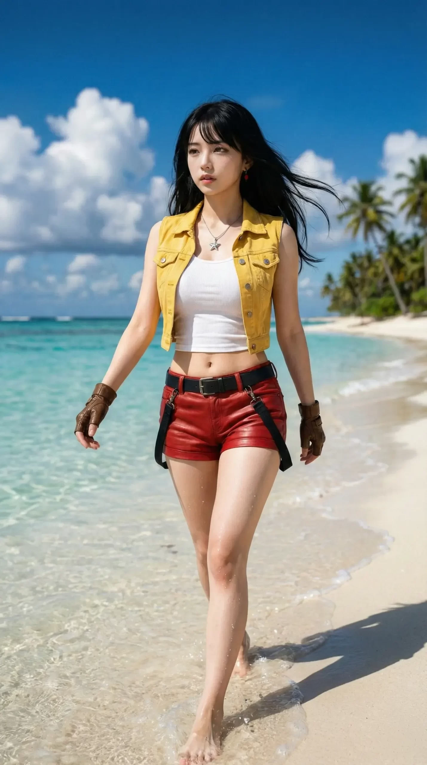 晴天のビーチで、黄色いベストと赤い短パンを着た黒髪の女性が波打ち際を歩く