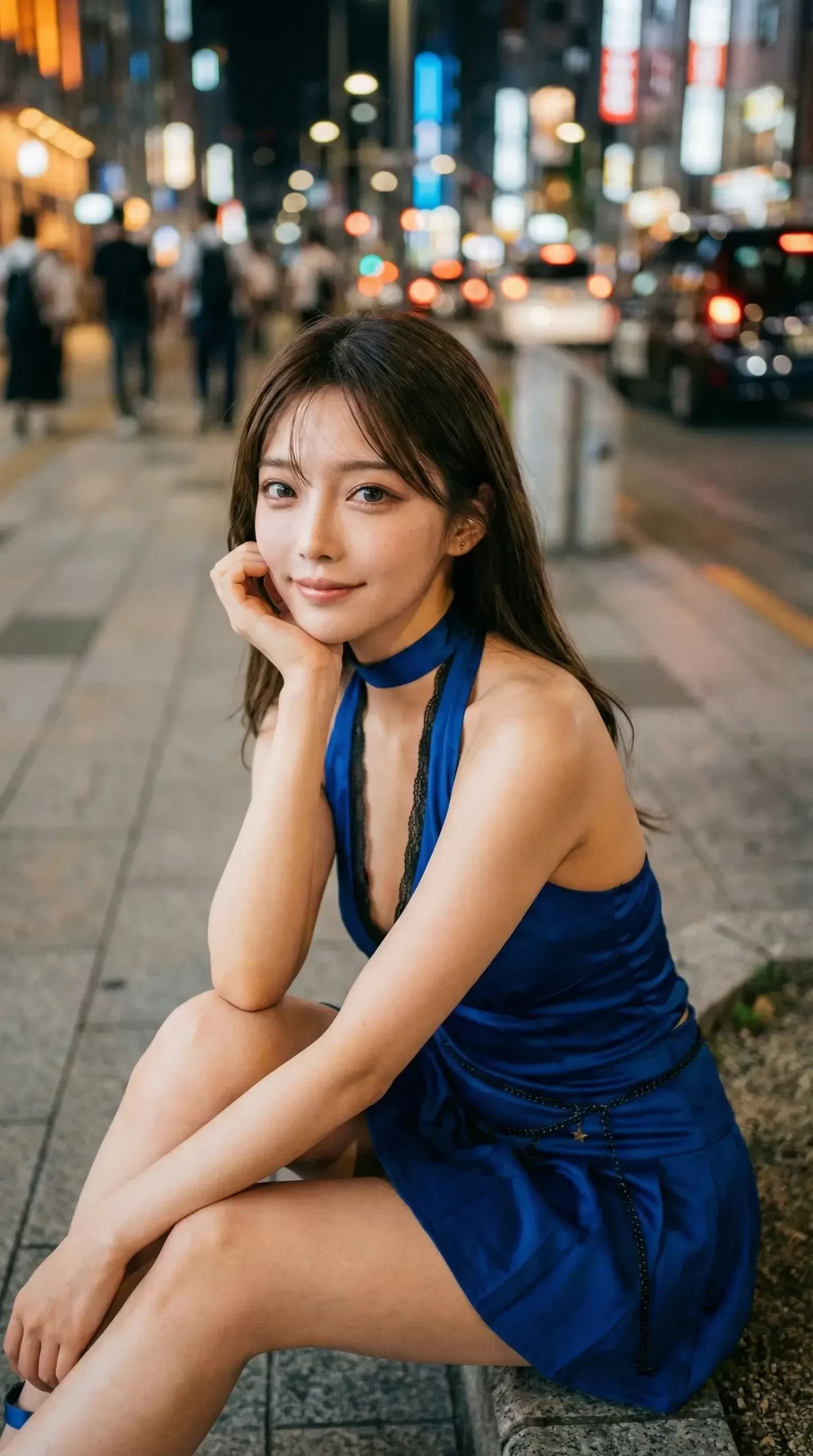 夜の繁華街を背景に、青いドレスを着た女性が歩道に座り微笑んでいる様子。