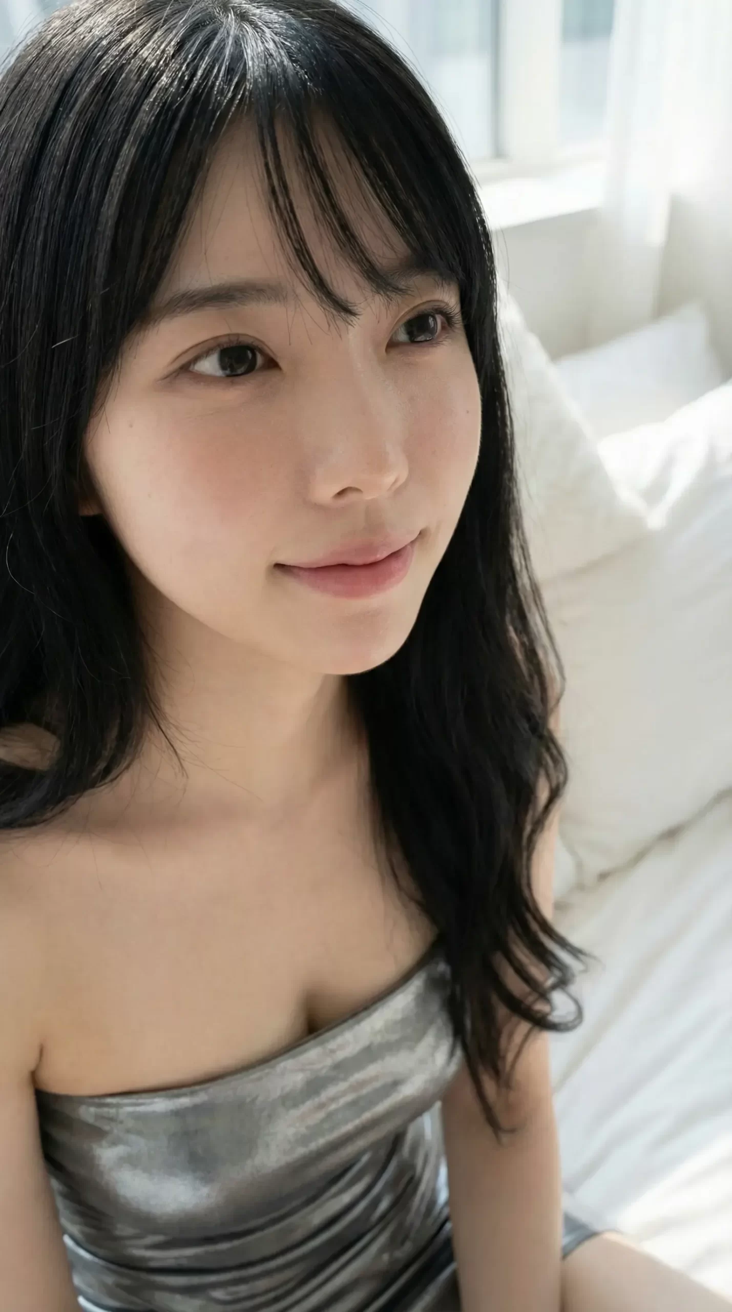 光が差し込む部屋で、シルバーの衣装をまとい微笑むロングヘアの女性