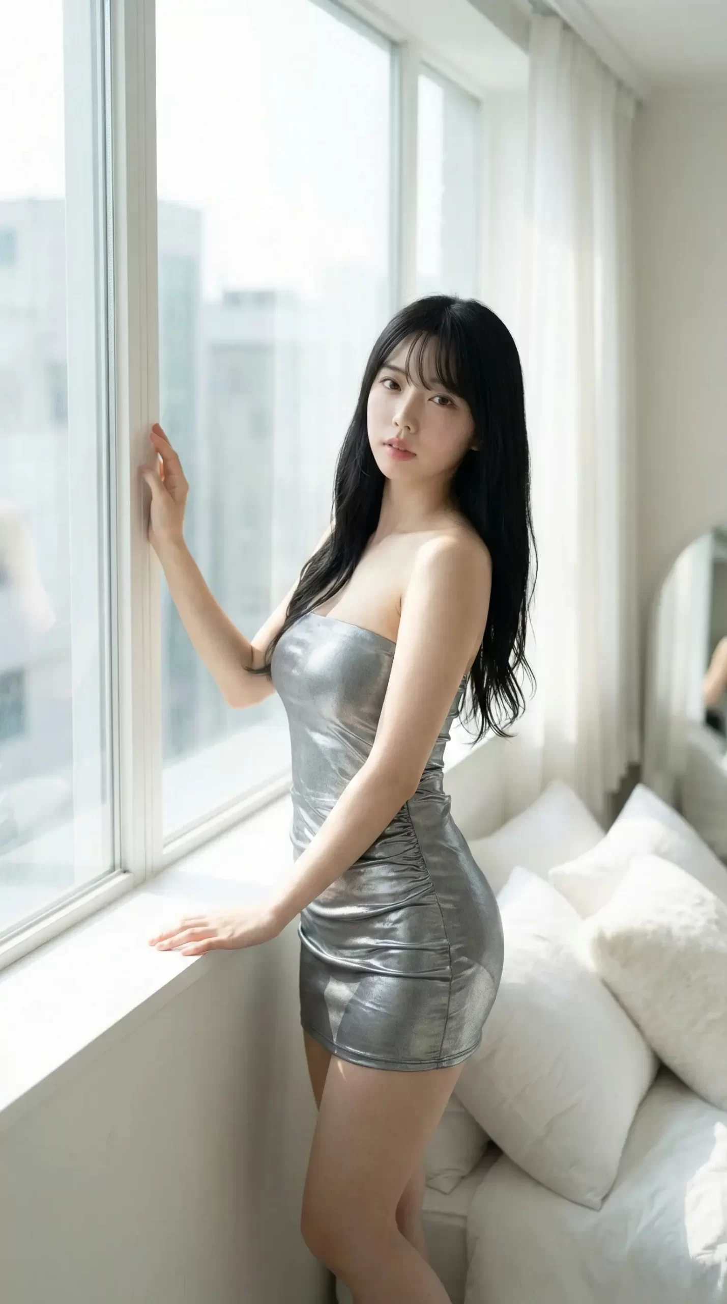 明るい窓際に立ち、光沢のあるシルバーのミニドレスを着用した黒髪の女性。