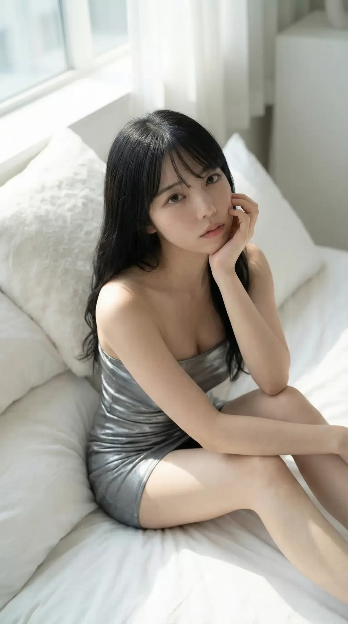 シルバーのドレスを着た黒髪の女性が白いベッドで頬杖をつきこちらを見ています。