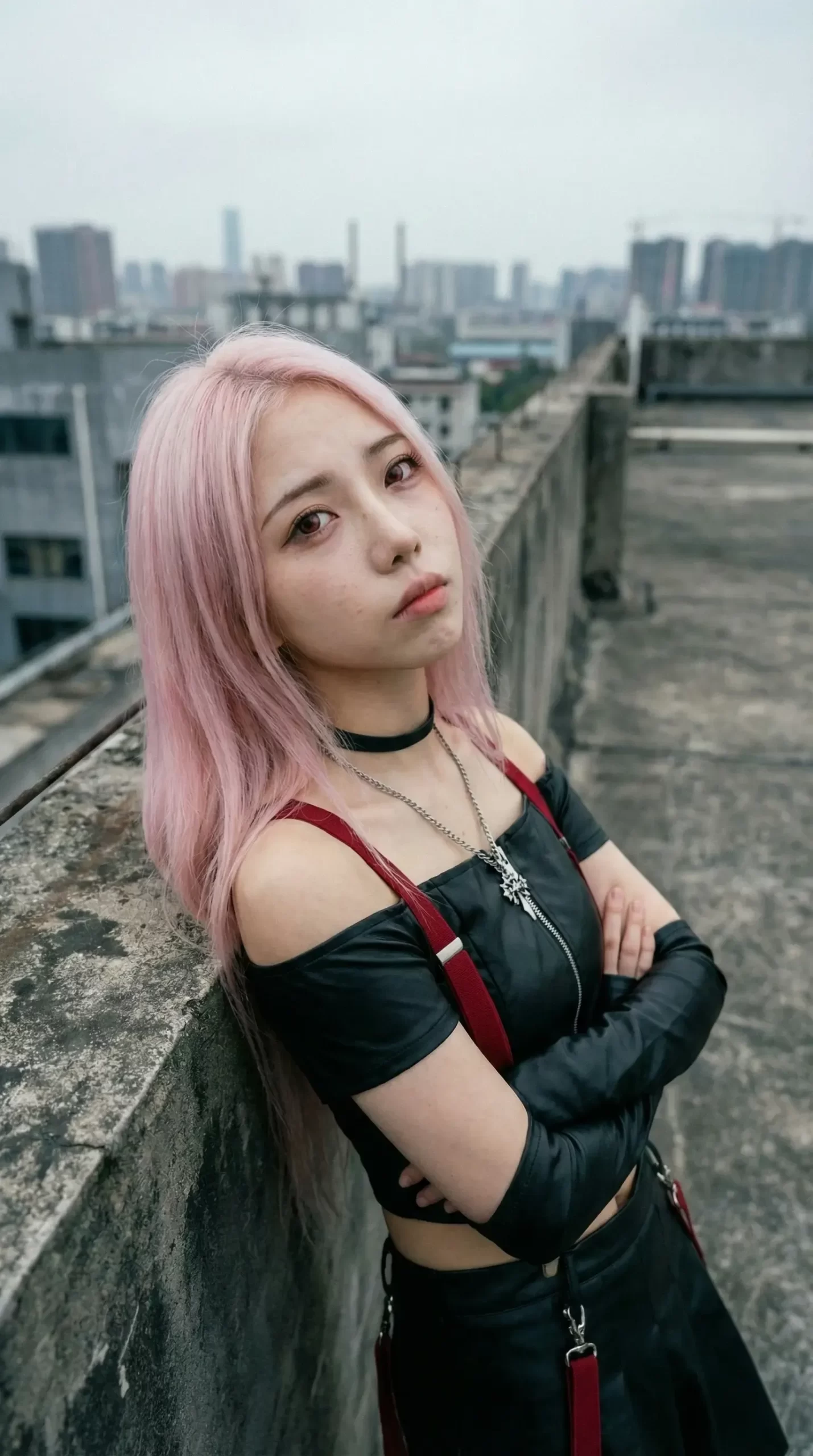 都会の屋上で、黒い服を着て腕を組み、こちらを見つめるピンク髪の女性。