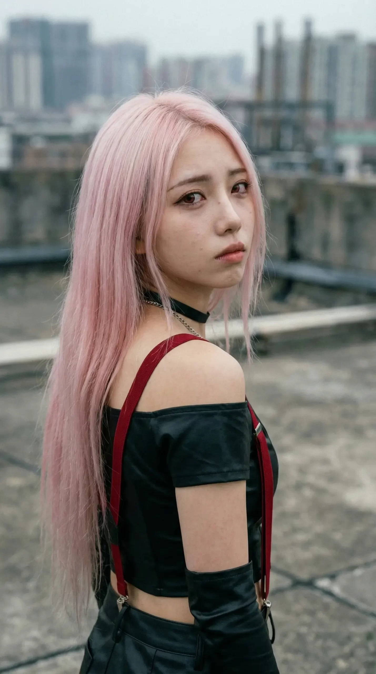 都会の屋上を背景に、肩越しにこちらを振り返るピンク色の長い髪の女性