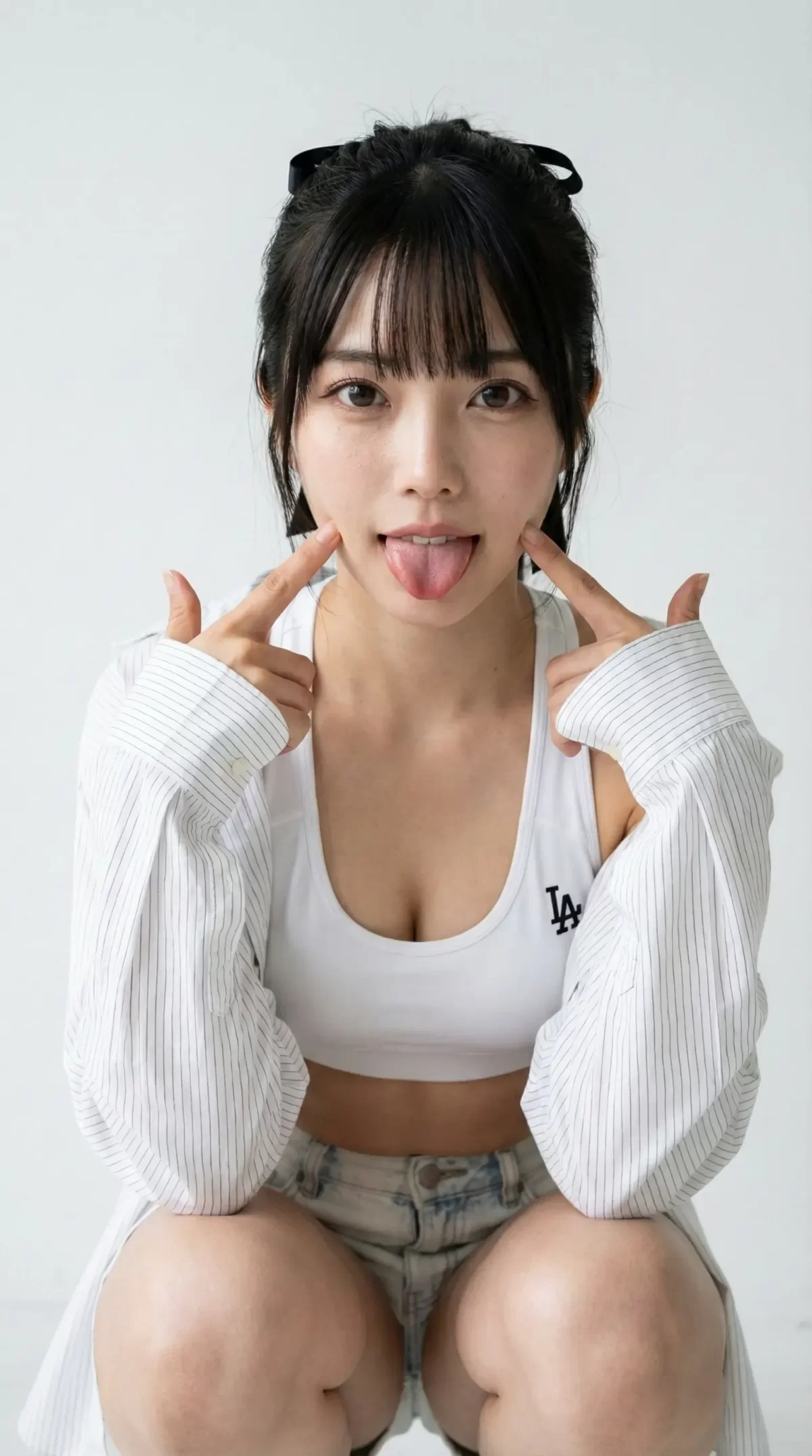 白いタンクトップ姿で舌を出し、両手で頬を指さすポーズをとる女性