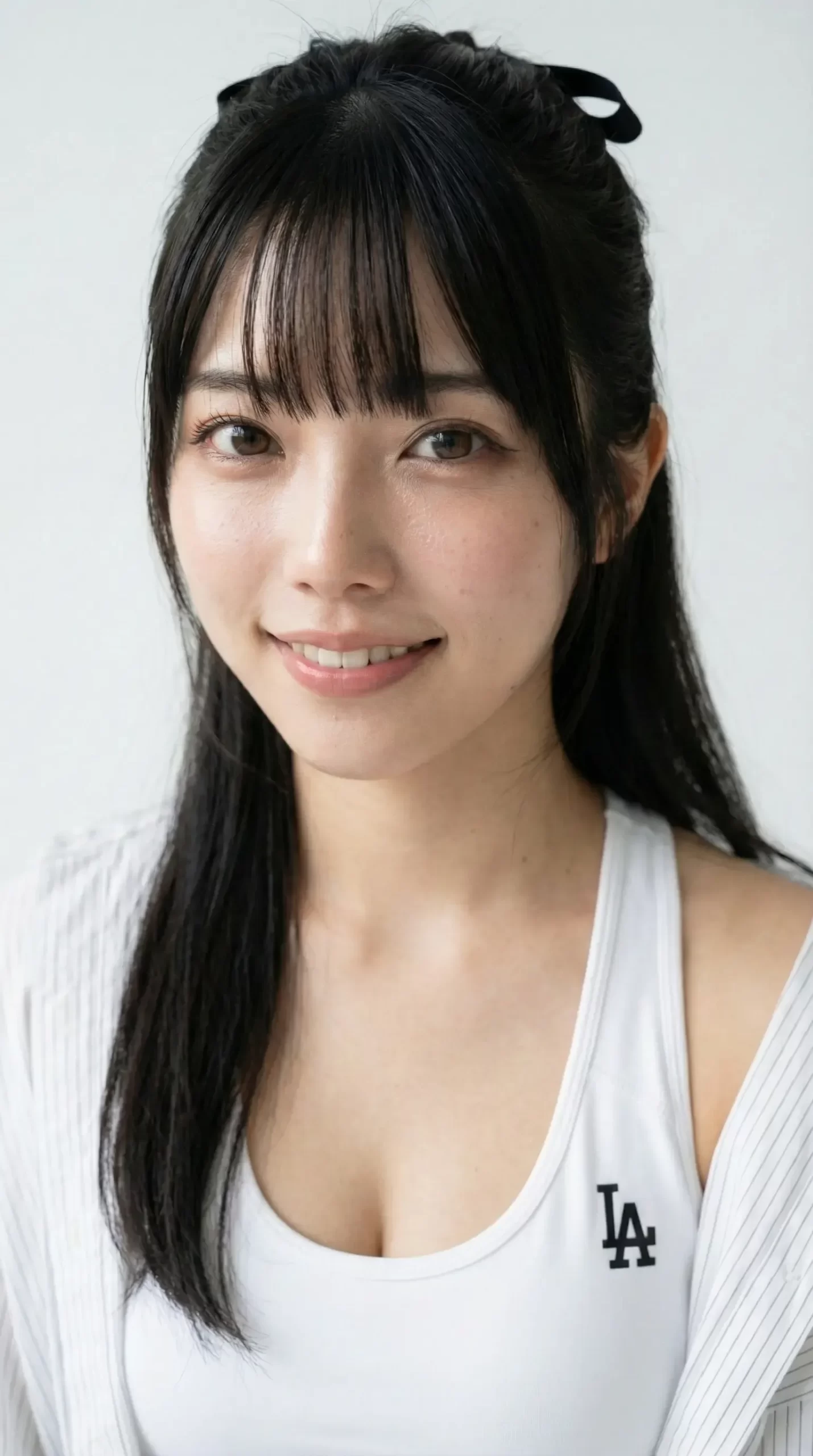 白いロゴ入りタンクトップを着用し、黒髪ロングヘアで優しく微笑む女性の姿