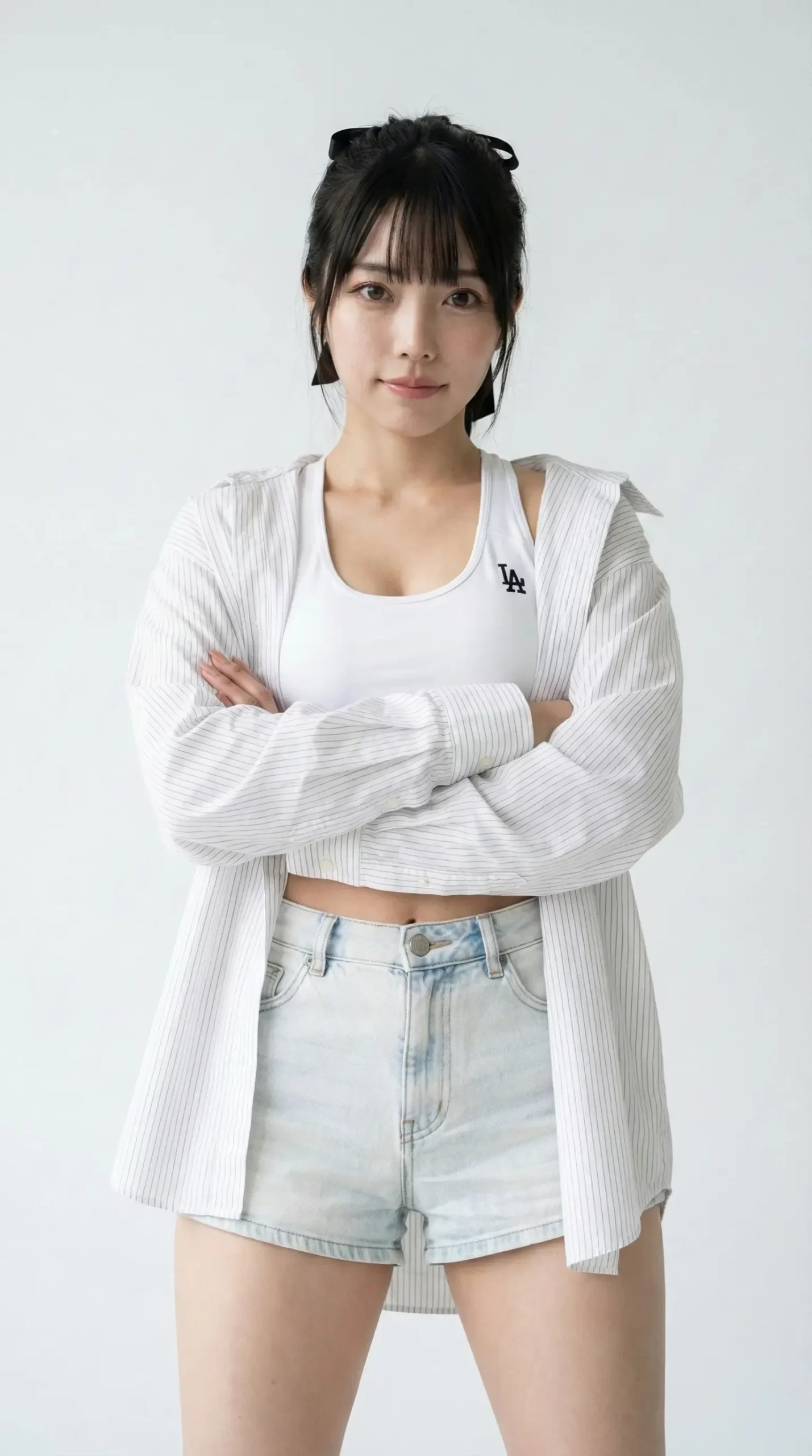 ストライプシャツとデニムのショートパンツを着用し、腕を組んで正面を向く女性