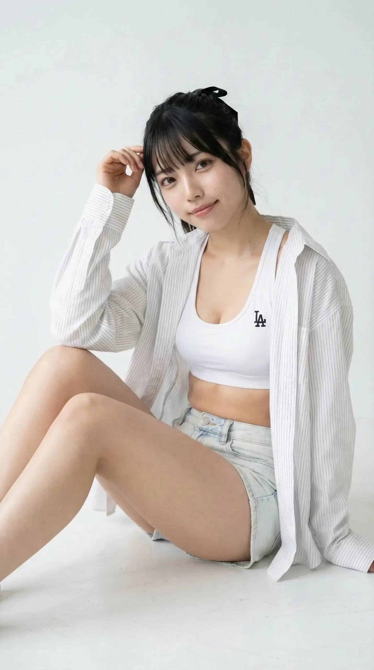 白シャツとスポーツブラ、デニムの短パンを着用し、床に座る黒髪の女性