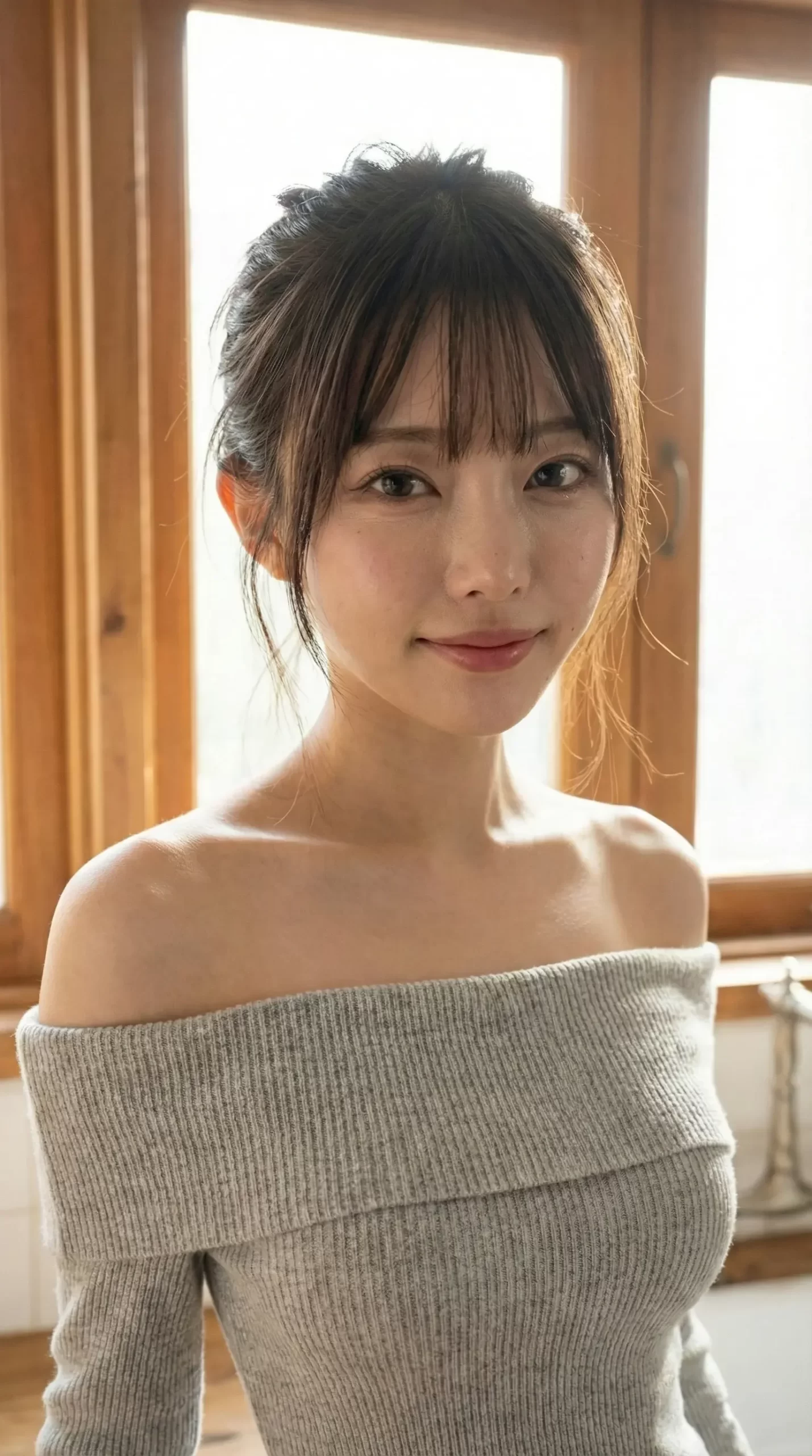 明るい窓際でグレーのオフショルダーニットを着用し、優しく微笑む若い女性