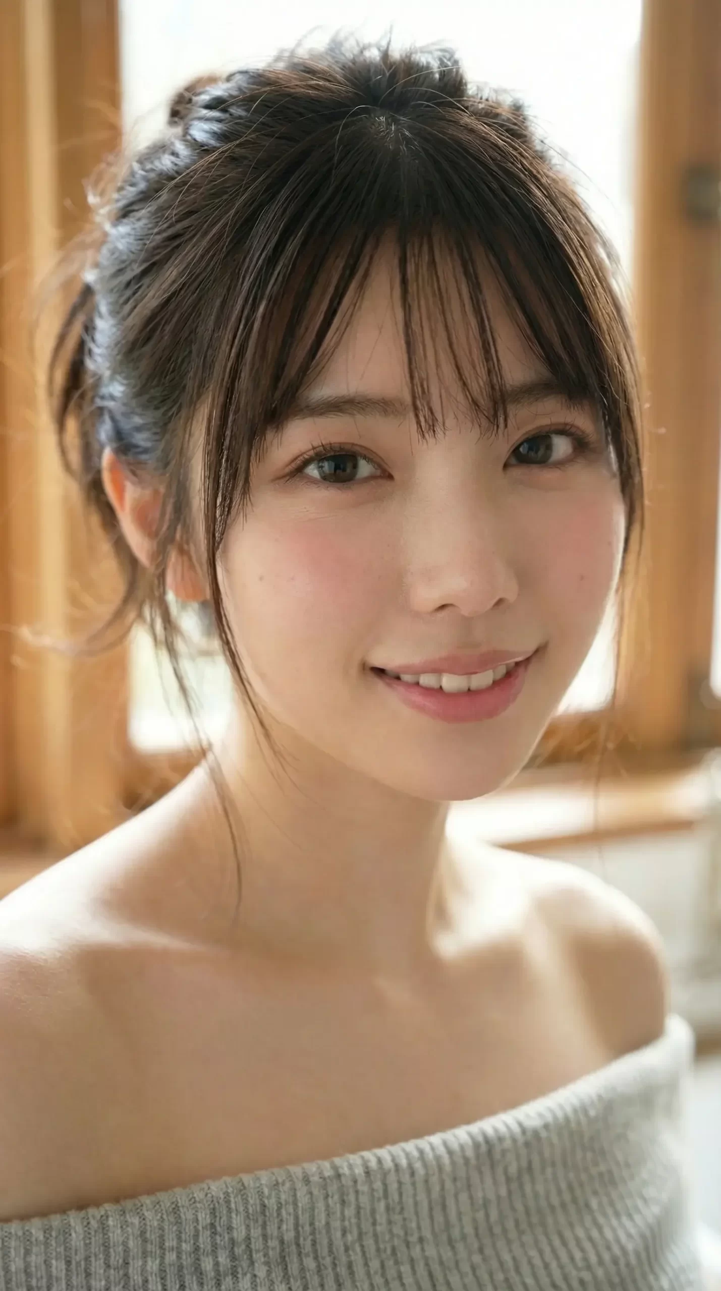 明るい窓際で微笑む、髪をアップにまとめたオフショルダー姿の若い女性。