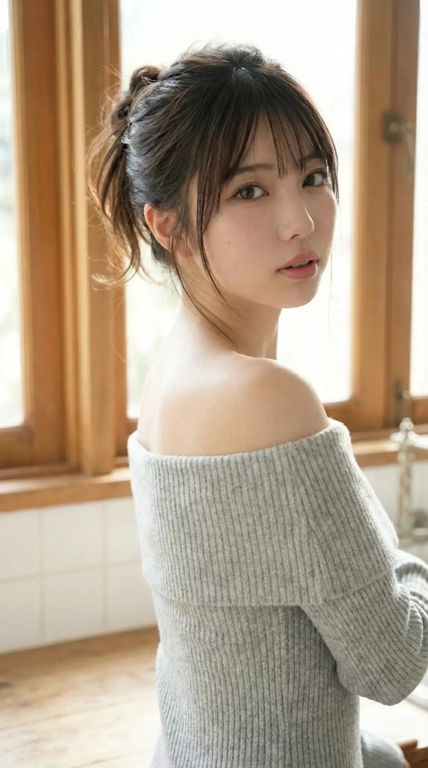 窓際でグレーのオフショルニットを着て、こちらを振り返るアップヘアの女性。