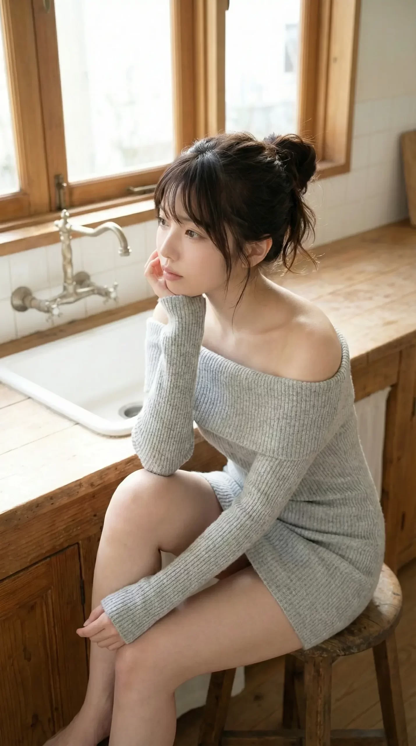 明るいキッチンで椅子に座り、物思いにふけるオフショルダーのニット姿の女性