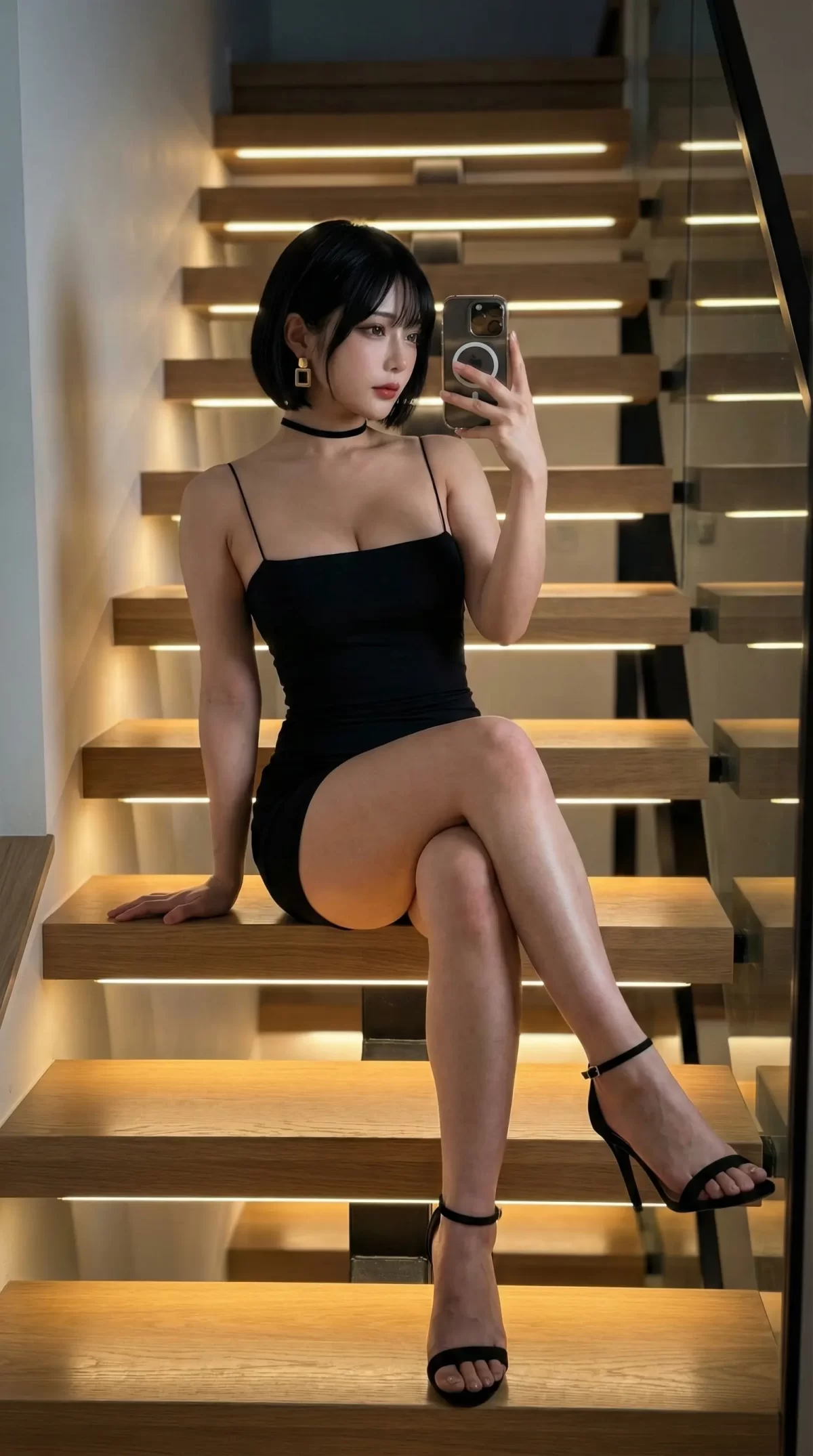 黒いミニドレス姿の女性が、ライトアップされた階段に座り自撮りをする